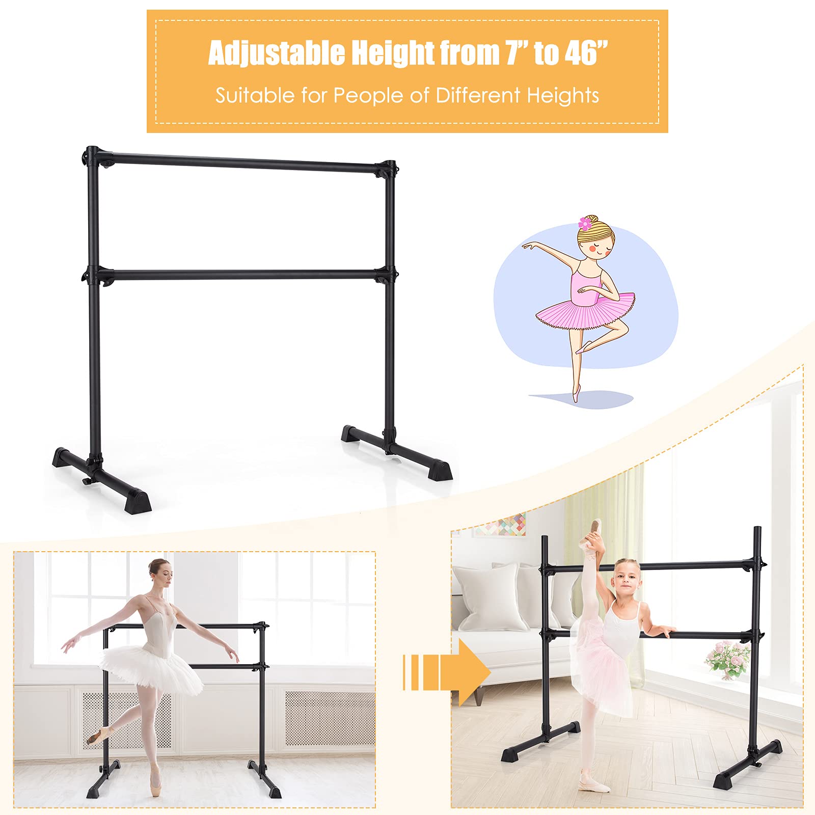 Goflame 4Ft Ballet Barre Portable, Freestanding Double Ballet Barre Height Adjustable With Anti Slip Base, Heavy Duty Stretch Da