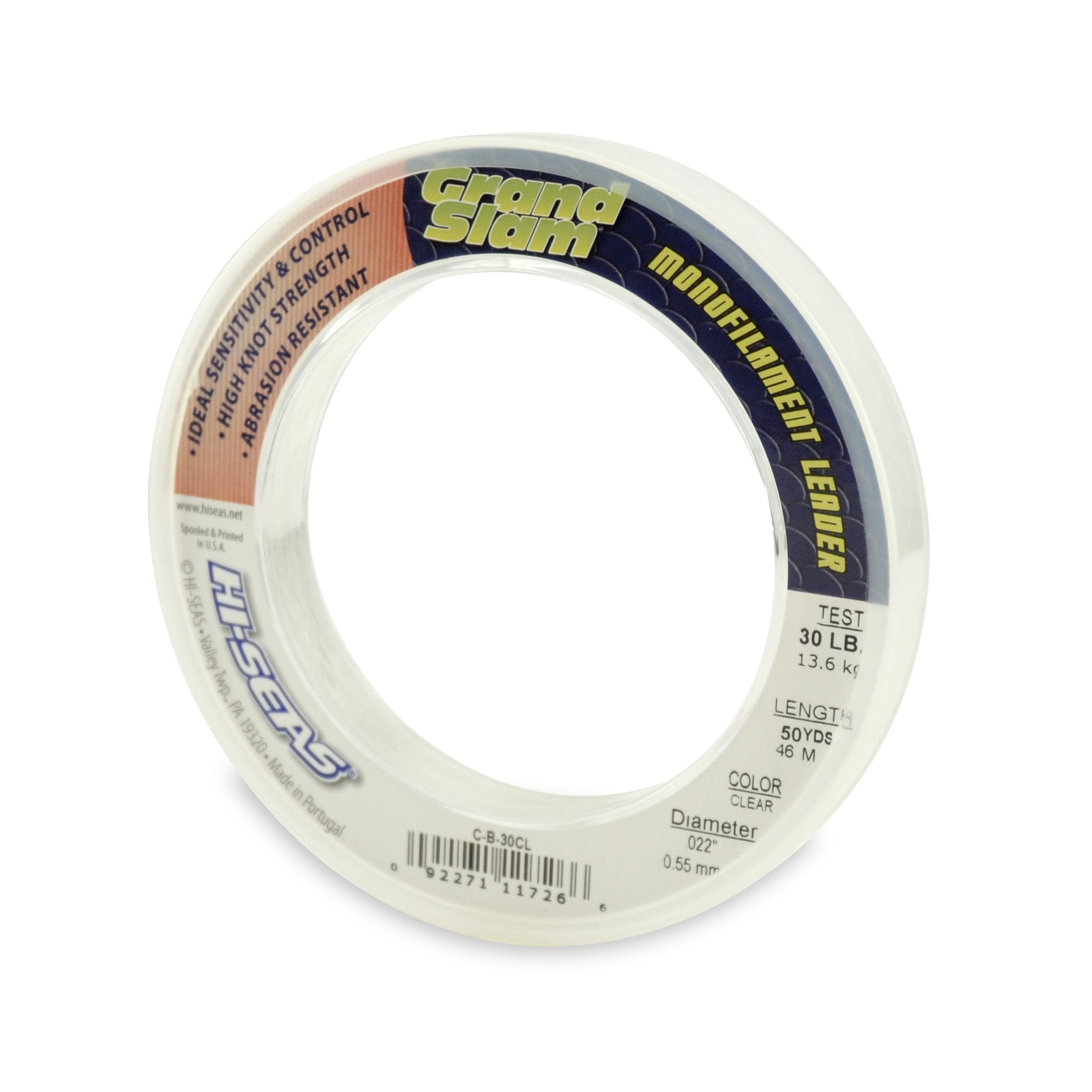 Grand Slam Monofilament Leader, 30 lb / 11.3 kg Test, .022 in / 0.55 mm Dia, Clear, 50 yd / 46 m