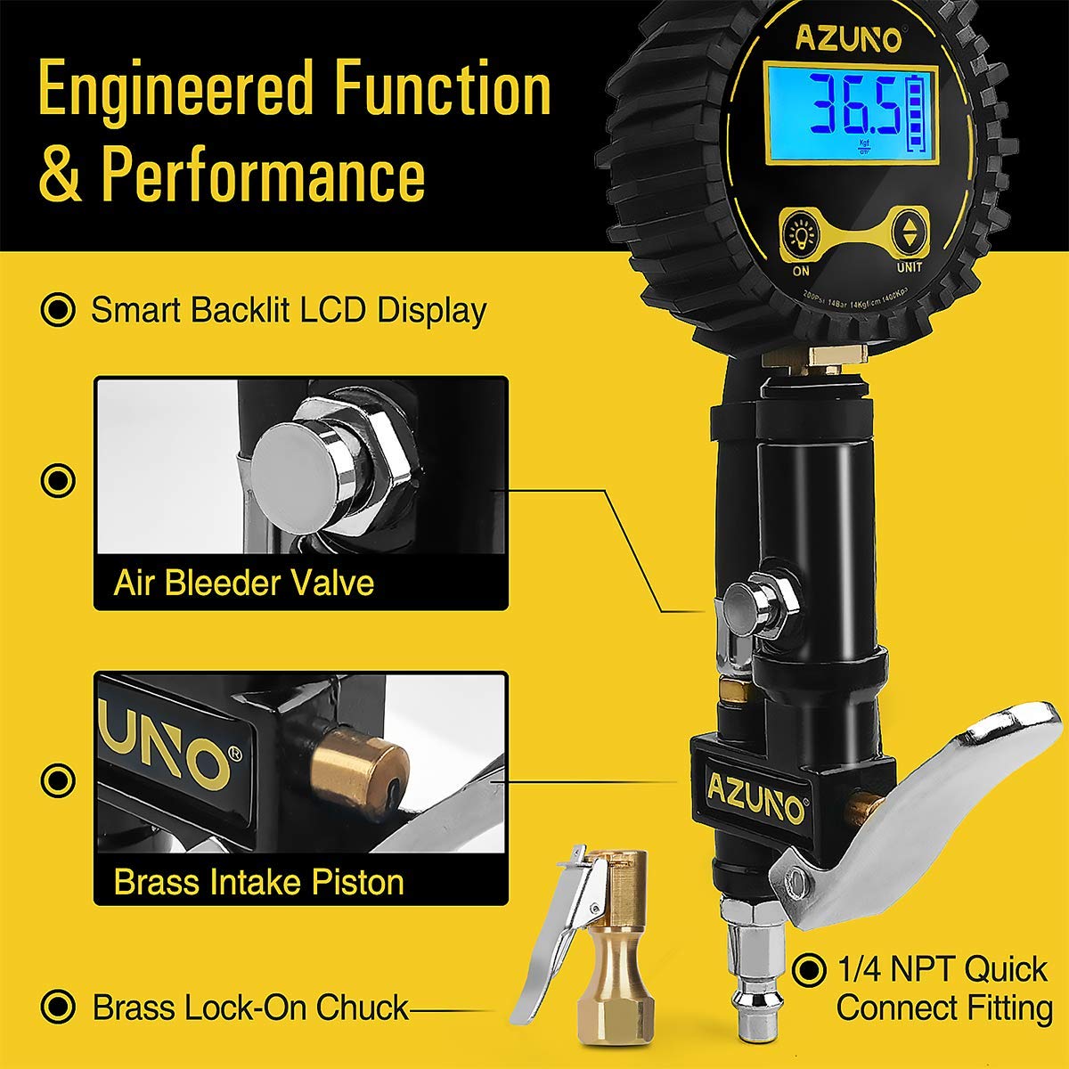 Azuno Digital Bicycle Tire Inflator Gauge With Auto-Select Valve Type - Presta And Schrader Air Compressor Tool