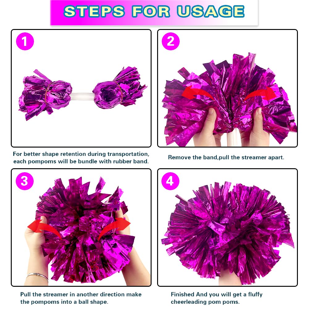 Lovecheer 2Pcs Pom Poms Cheerleading Hot Pink Metallic Cheer Pom Poms With Baton Handle For Sports Team Spirit Party Cheering