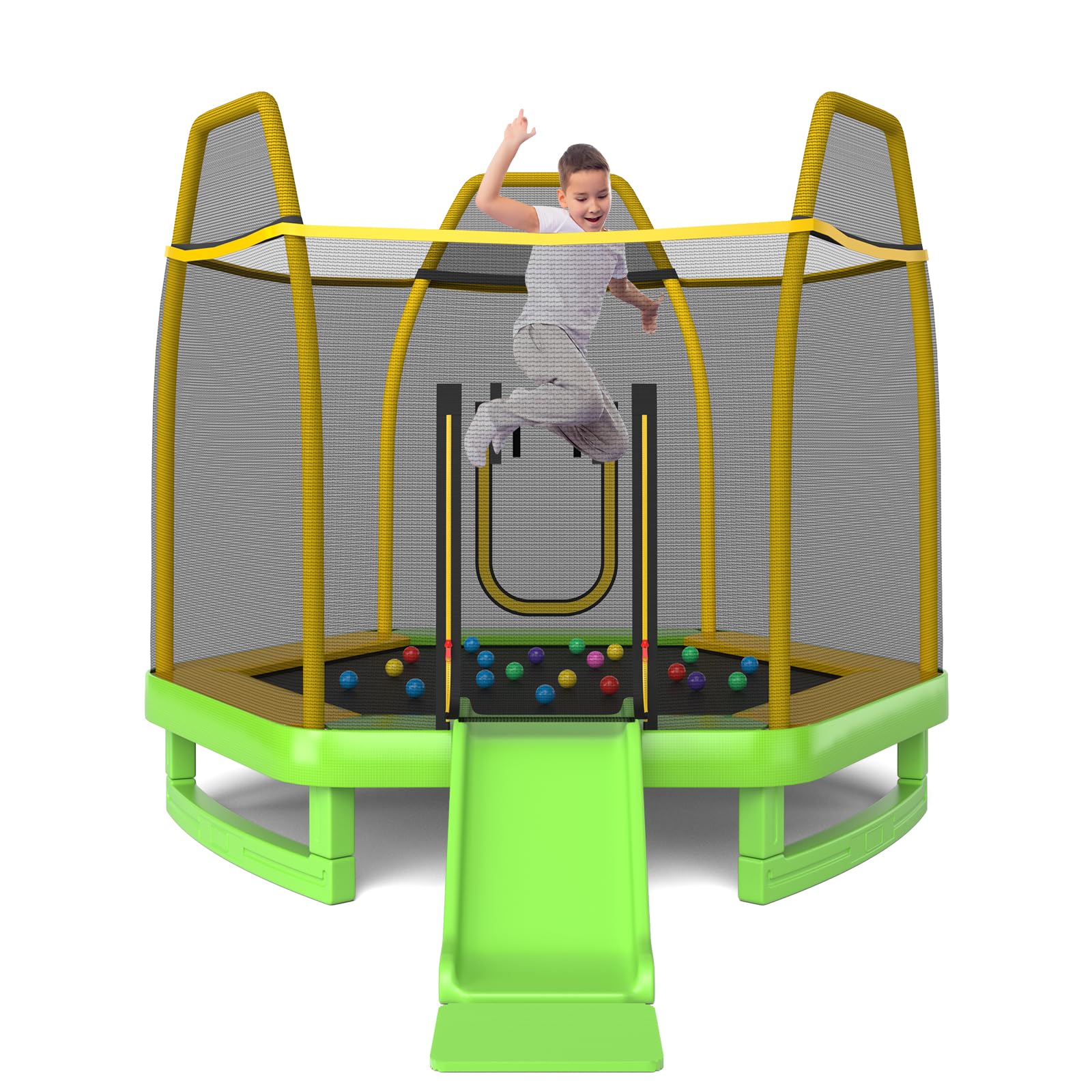 GYMAX Trampoline for Kids, ASTM Approved 7FT Trampoline with Slide, Ladder, Ocean Balls & Mats, Small Indoor/Outdoor Toddler Rec
