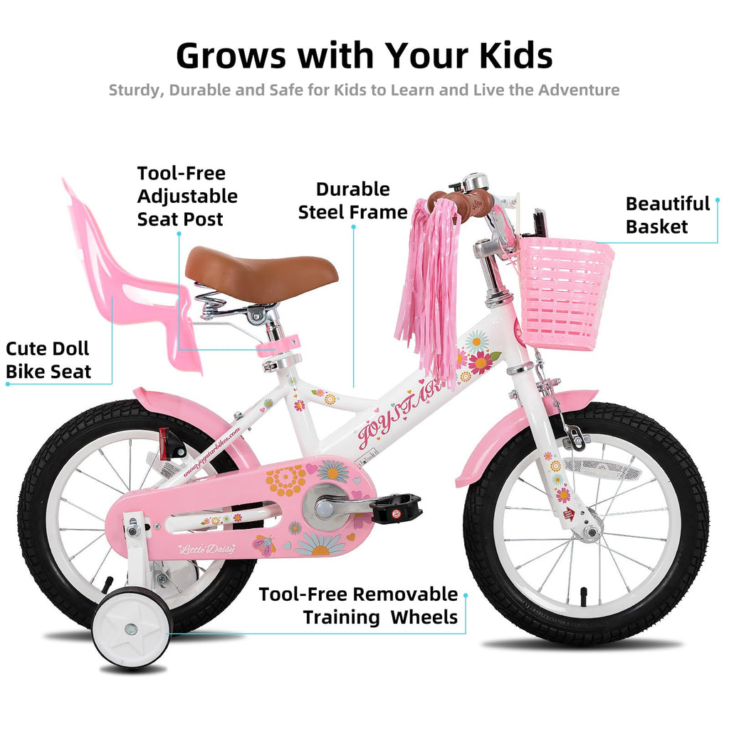 Joystar Kids Bike Little Daisy 16 Inch Girls Bike With Training Wheels Doll Bike Seat Basket & Streamers Princess Kids Bicycle F