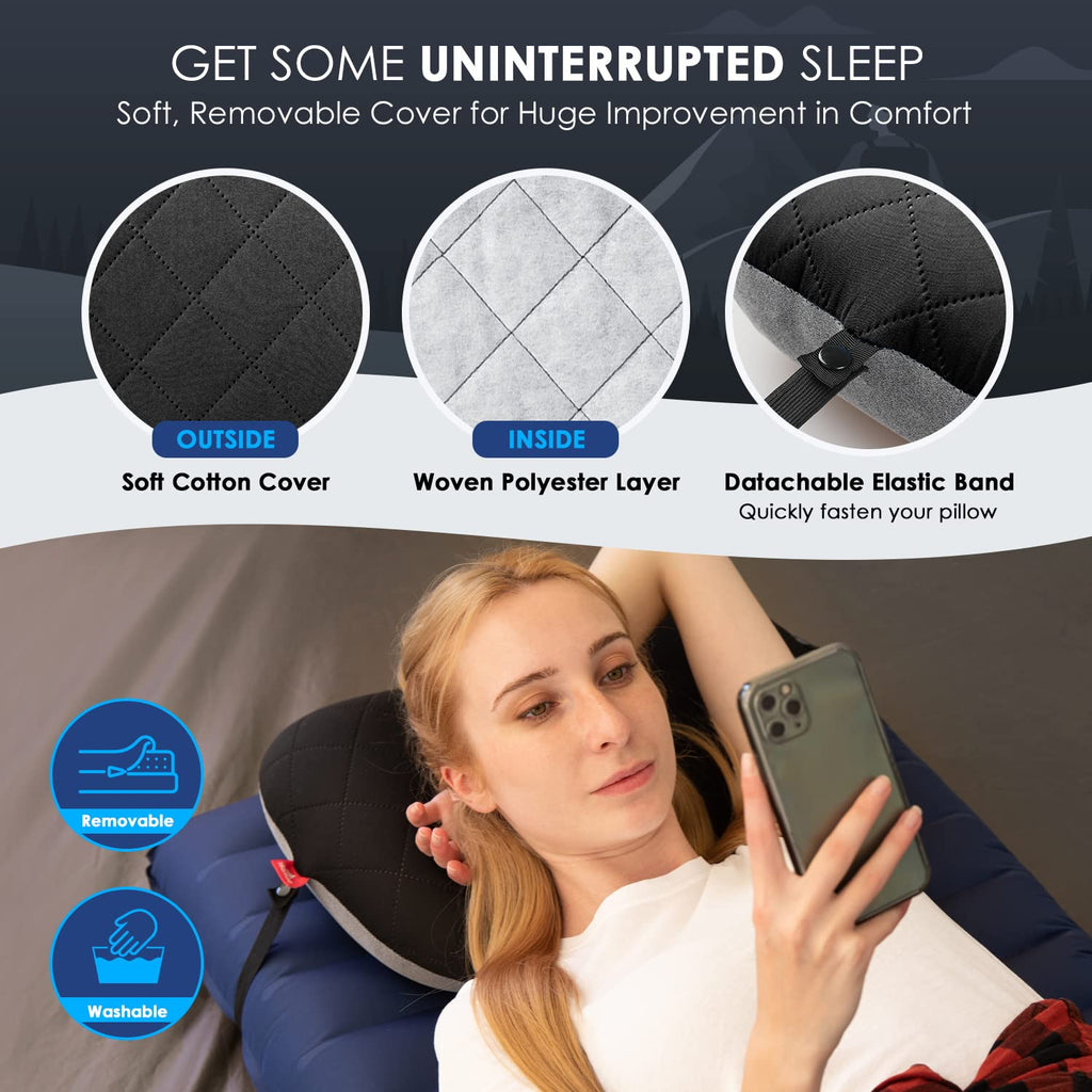 Hikenture Camping Pillow With Removable Cover - Ultralight Inflatable Pillow For Neck Lumbar Support - Upgrade Backpacking Pillo