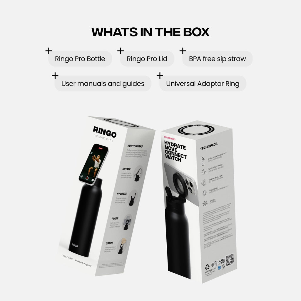 Ringo PRO Water Bottle with Magnetic Phone Mount & Sip Straw Lid - Insulated Stainless Steel Bottle for Workouts, Content Creati
