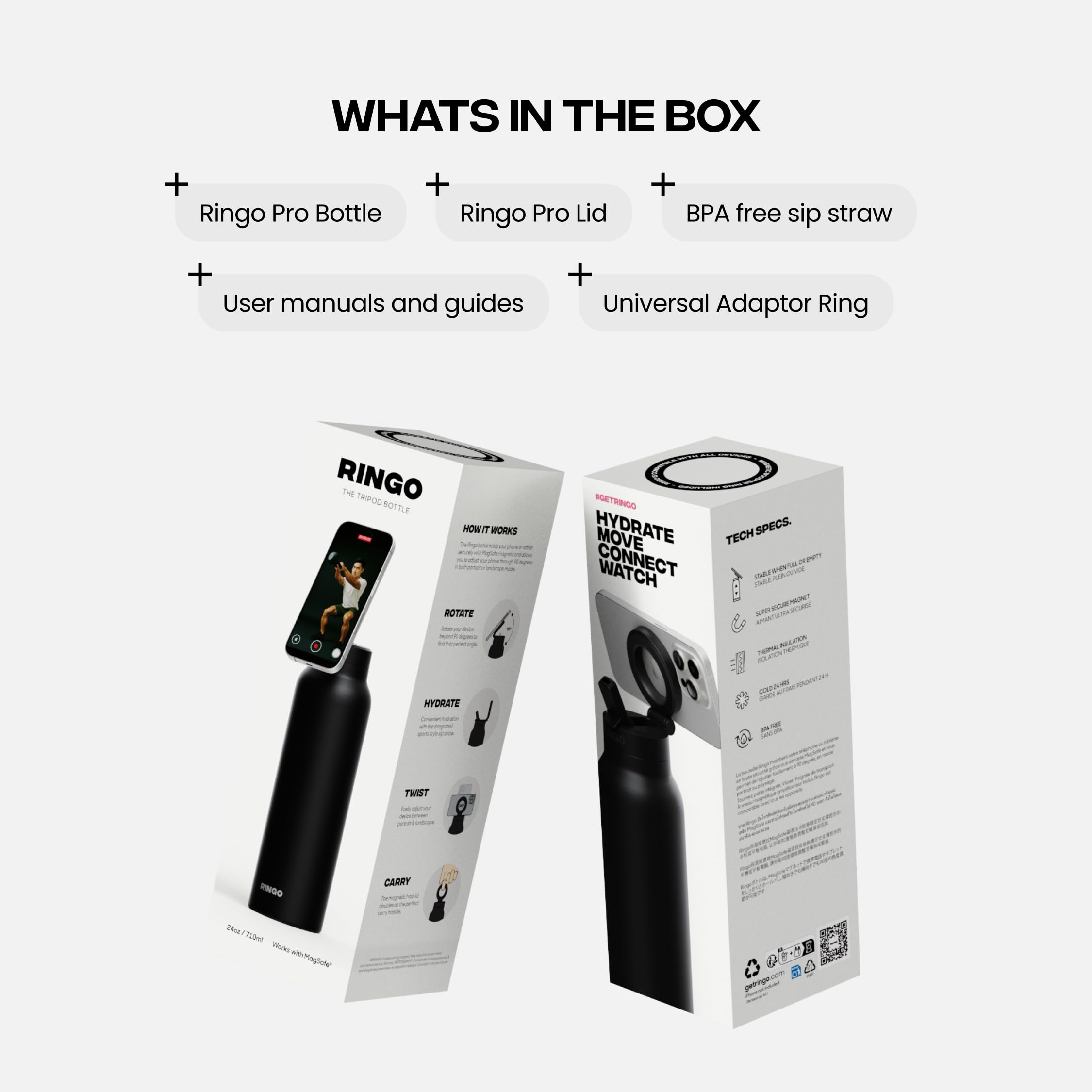 Ringo PRO Water Bottle with Magnetic Phone Mount & Sip Straw Lid - Insulated Stainless Steel Bottle for Workouts, Content Creati
