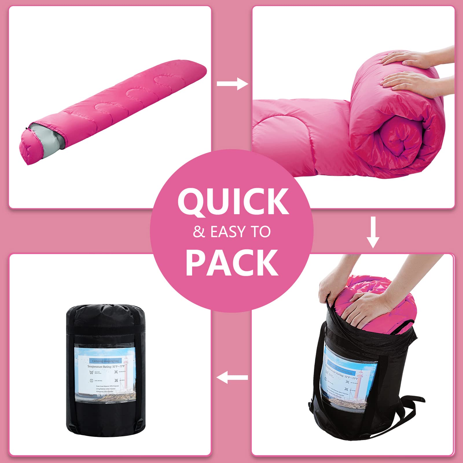 Orthomtex Sleeping Bags For Adults,Teens And Kids Girls-Warm & Cold Weather Lightweight,Waterproof Backpack,Great For 3-4 Season