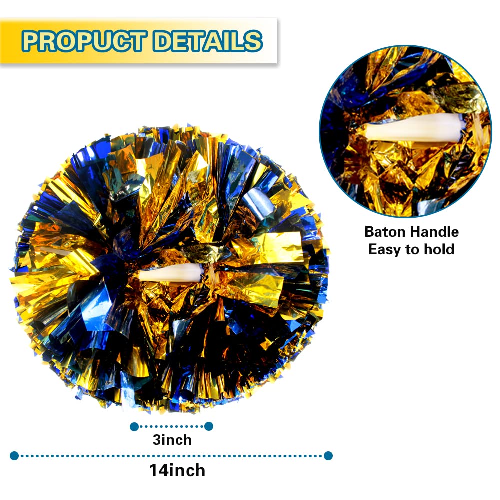 Lovecheer 2Pcs Pom Poms Cheerleading Blue And Gold Metallic Cheer Pom Poms With Baton Handle For Sports Team Spirit Party Cheeri