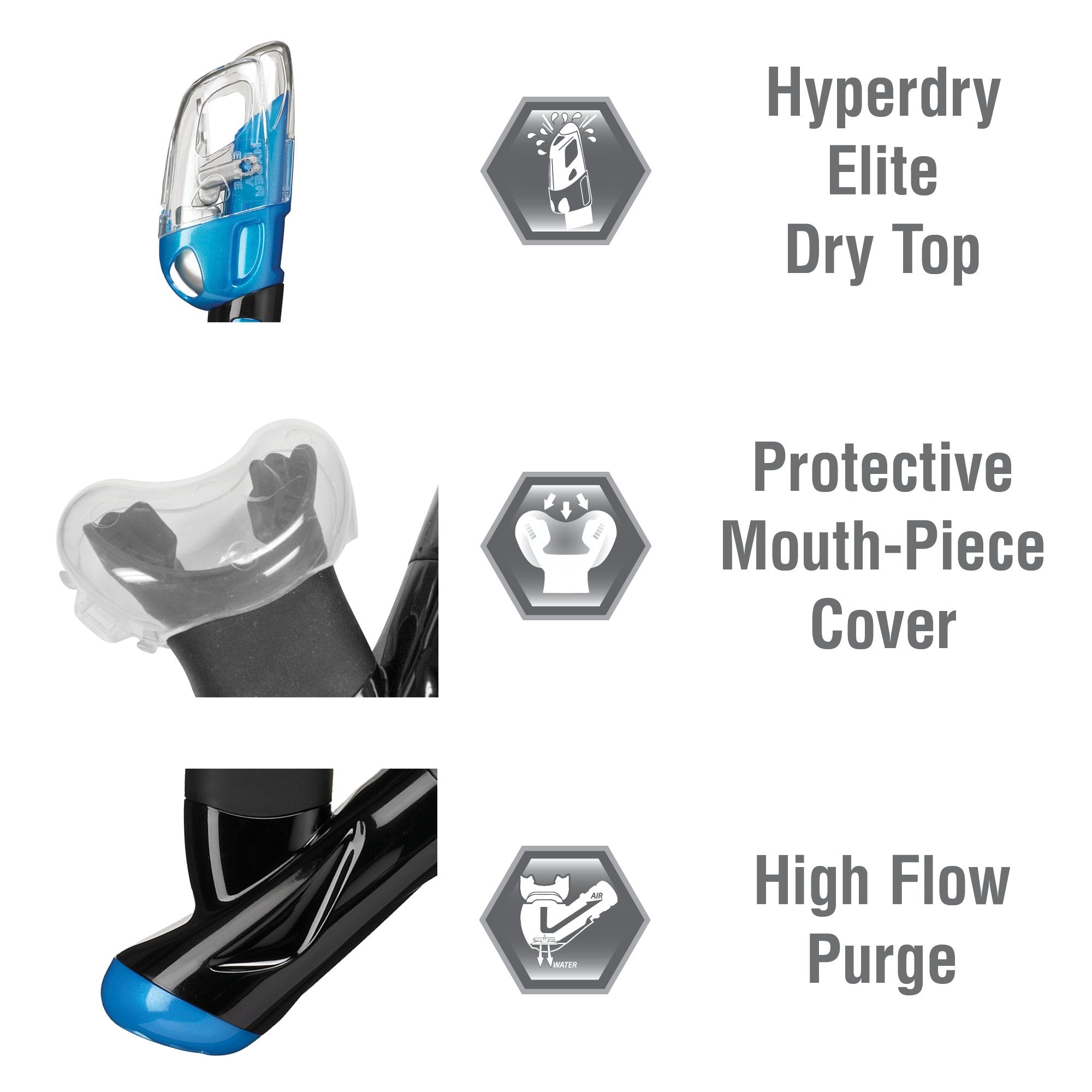 Tusa Sport Dry Top Snorkel, Black/Fishtail Blue, (Usp250Qb Fb)