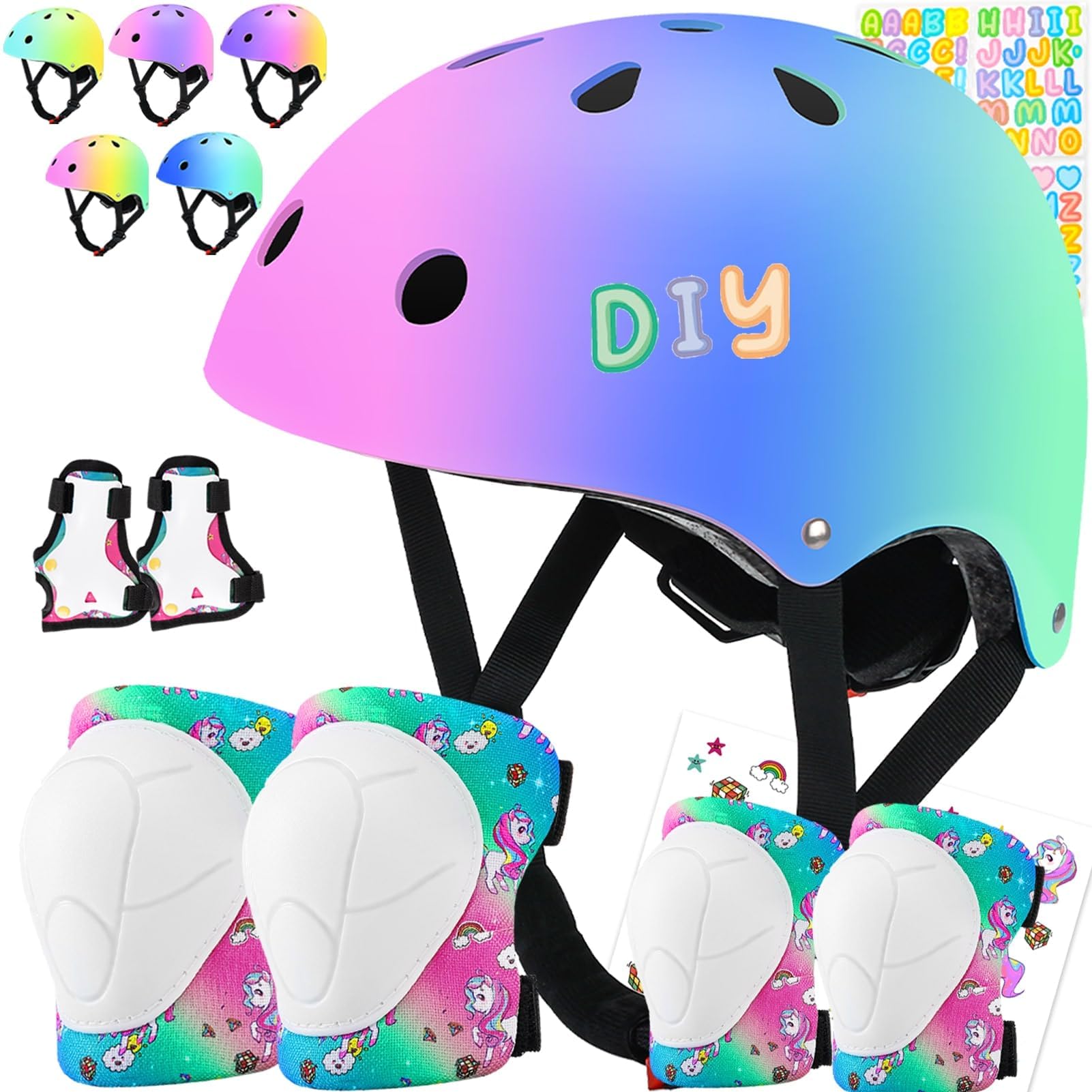 Comforhous Color Gradient Kids Bike Helmet and Pads Adjustable Helmet for Kids Protective Gear Set with Elbow Knee Pads Wrist Gu
