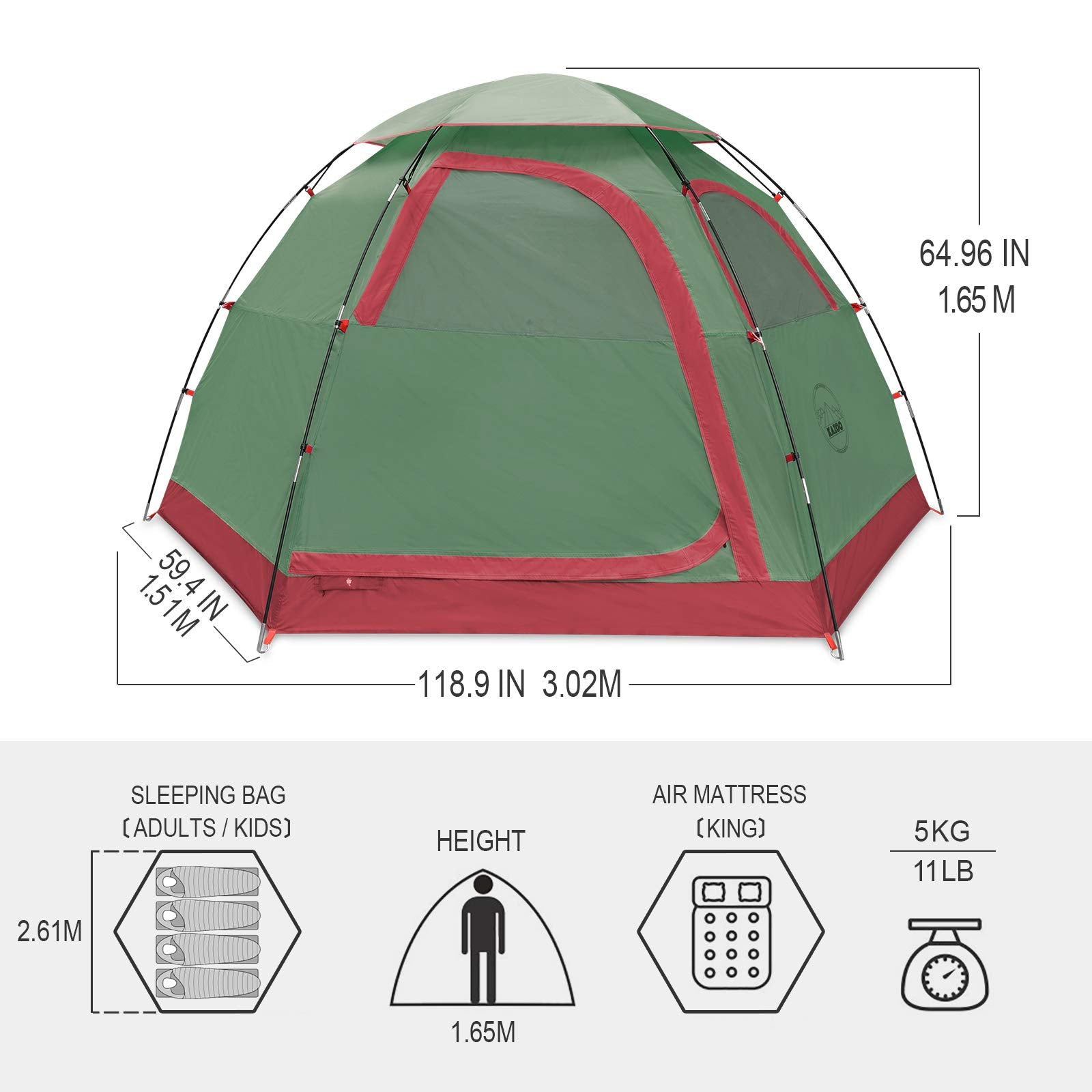 Kazoo Outdoor Camping Tent 2/4 Person Waterproof Camping Tents Easy Setup Two/Four Man Tent Sun Shade 2/3/4 People (4Pgreen)