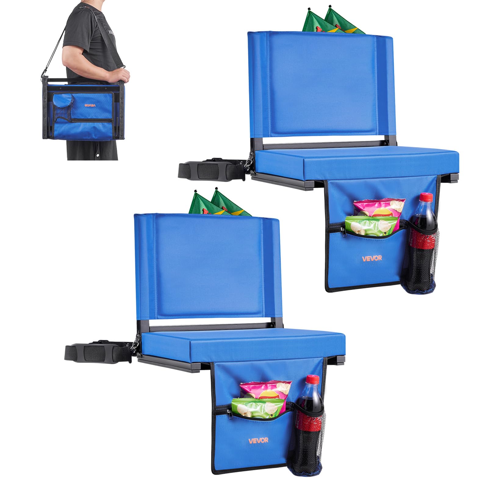 VEVOR Stadium Seat, Folding Bleacher Seat with Back Support & Thick Cushion, Padded Stadium Seats for Bleacher Includes Shoulder