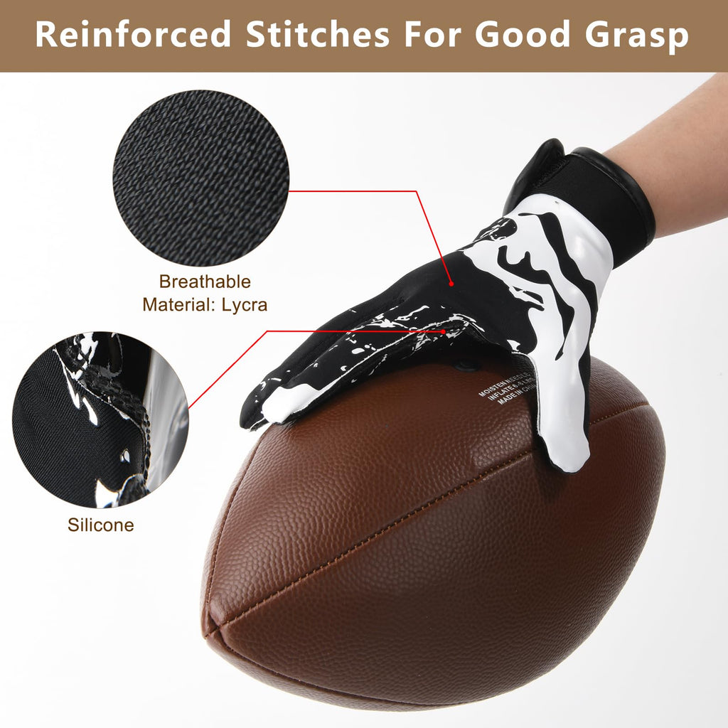 Goporoy Youth Football Gloves For Kids Excellent Grip Football Receiver Gloves, Icy Black Youth Xs/S