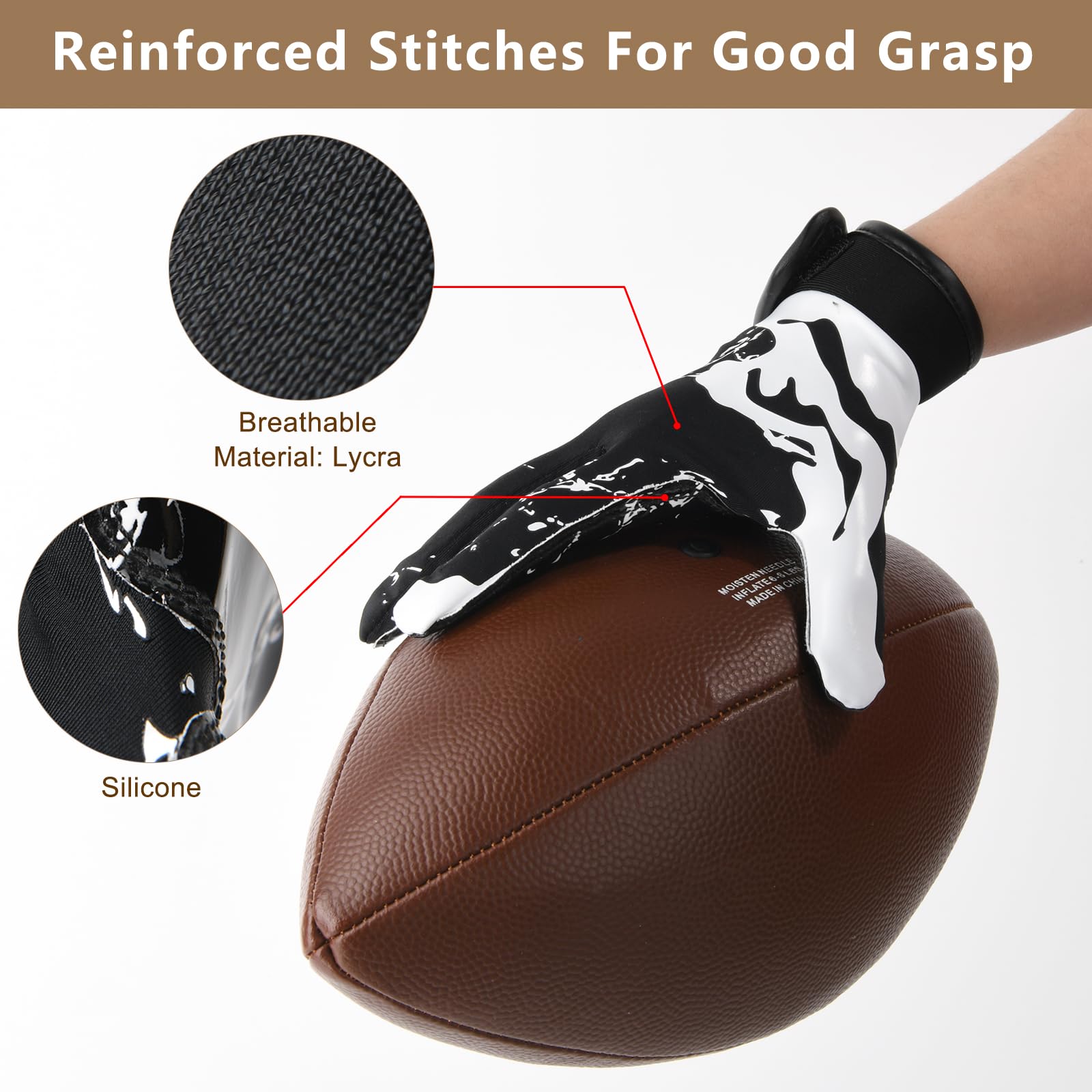 Goporoy Youth Football Gloves For Kids Excellent Grip Football Receiver Gloves, Icy Black Youth Xs/S