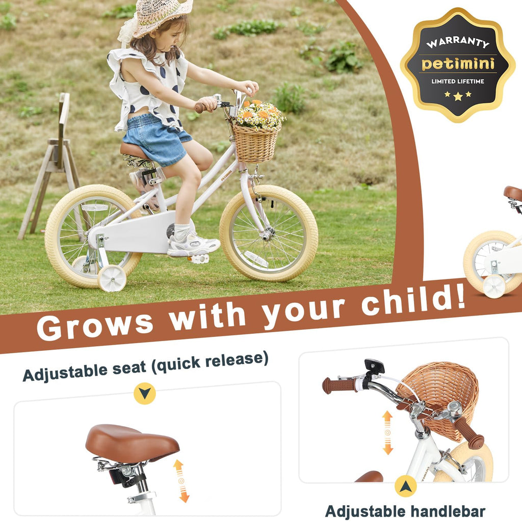 Petimini 16 Inch Little Kids Bike for Age 4 5 6 7 Years Old Girls Retro Vintage Style Bicycles with Basket Training Wheels and B