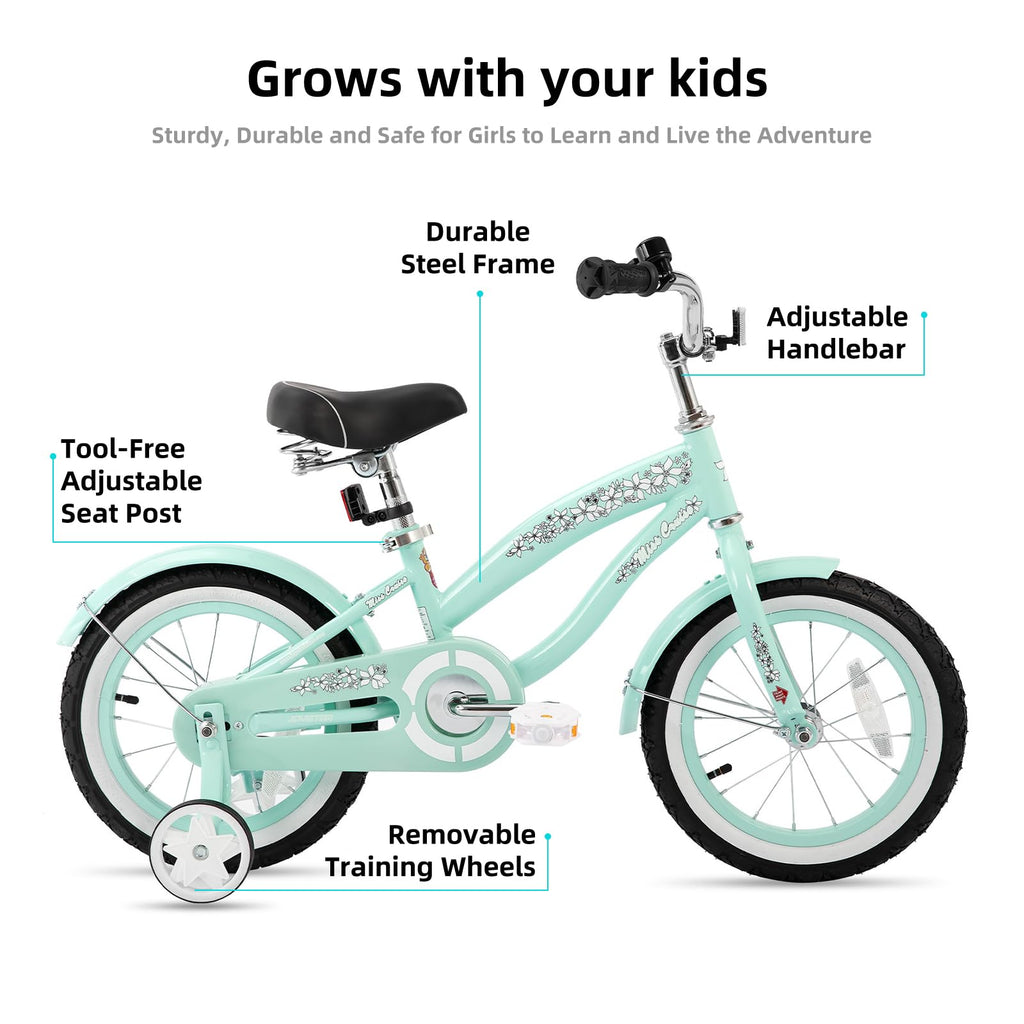 Joystar 14 Inch Kids Bike With Training Wheels For Ages 3-5 Years Old Girls Bike Toddler Bike Beach Cruiser Kids Bicycle Green