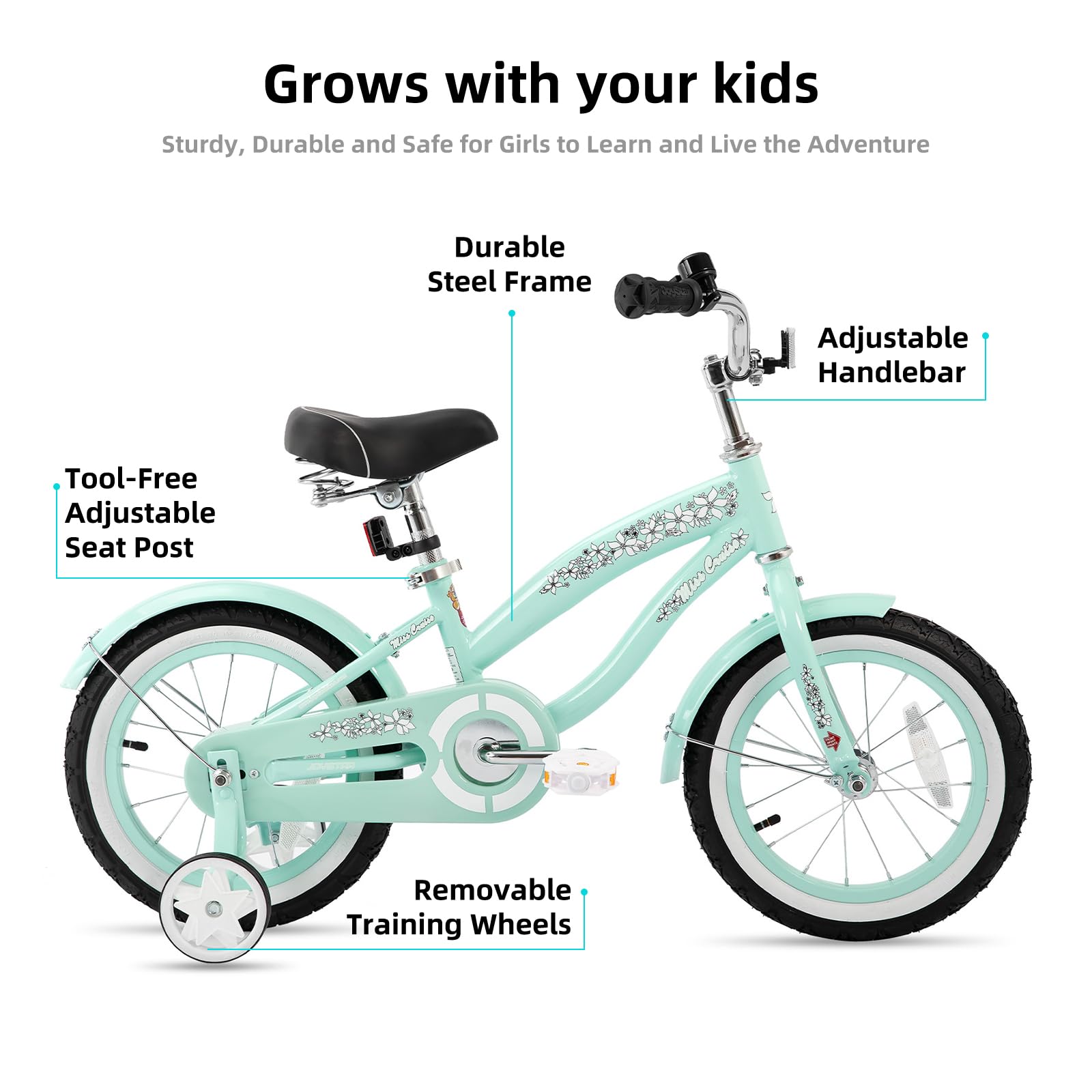Joystar 14 Inch Kids Bike With Training Wheels For Ages 3-5 Years Old Girls Bike Toddler Bike Beach Cruiser Kids Bicycle Green