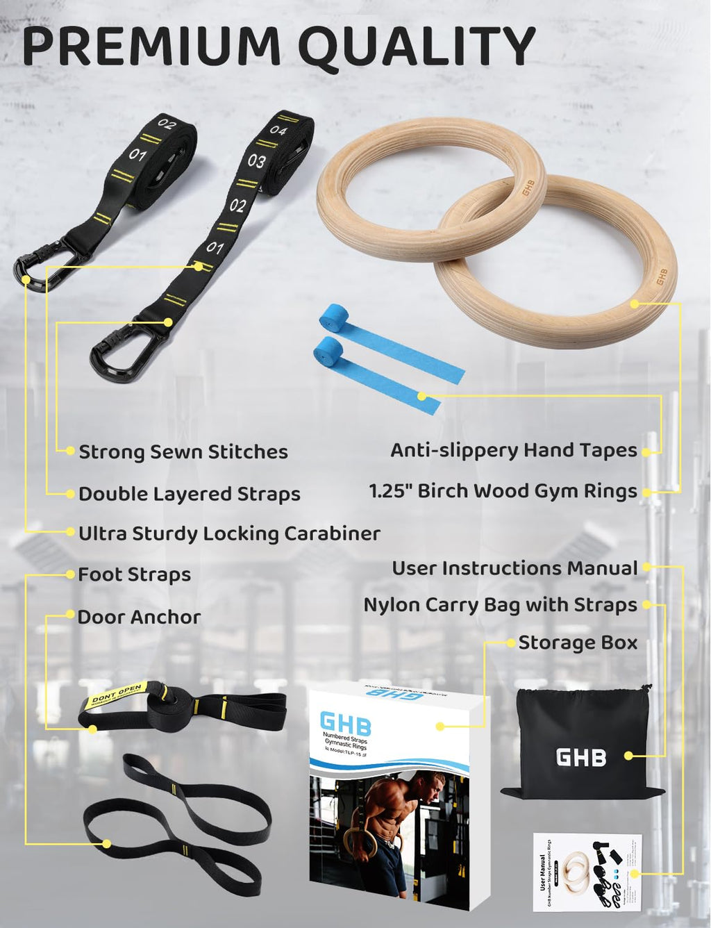 Ghb Gymnastic Rings Wooden Gym Rings 1.25'' Olympic Rings Adjustable Numbered Straps Pull Up Rings Sets For Workout Bodyweight F