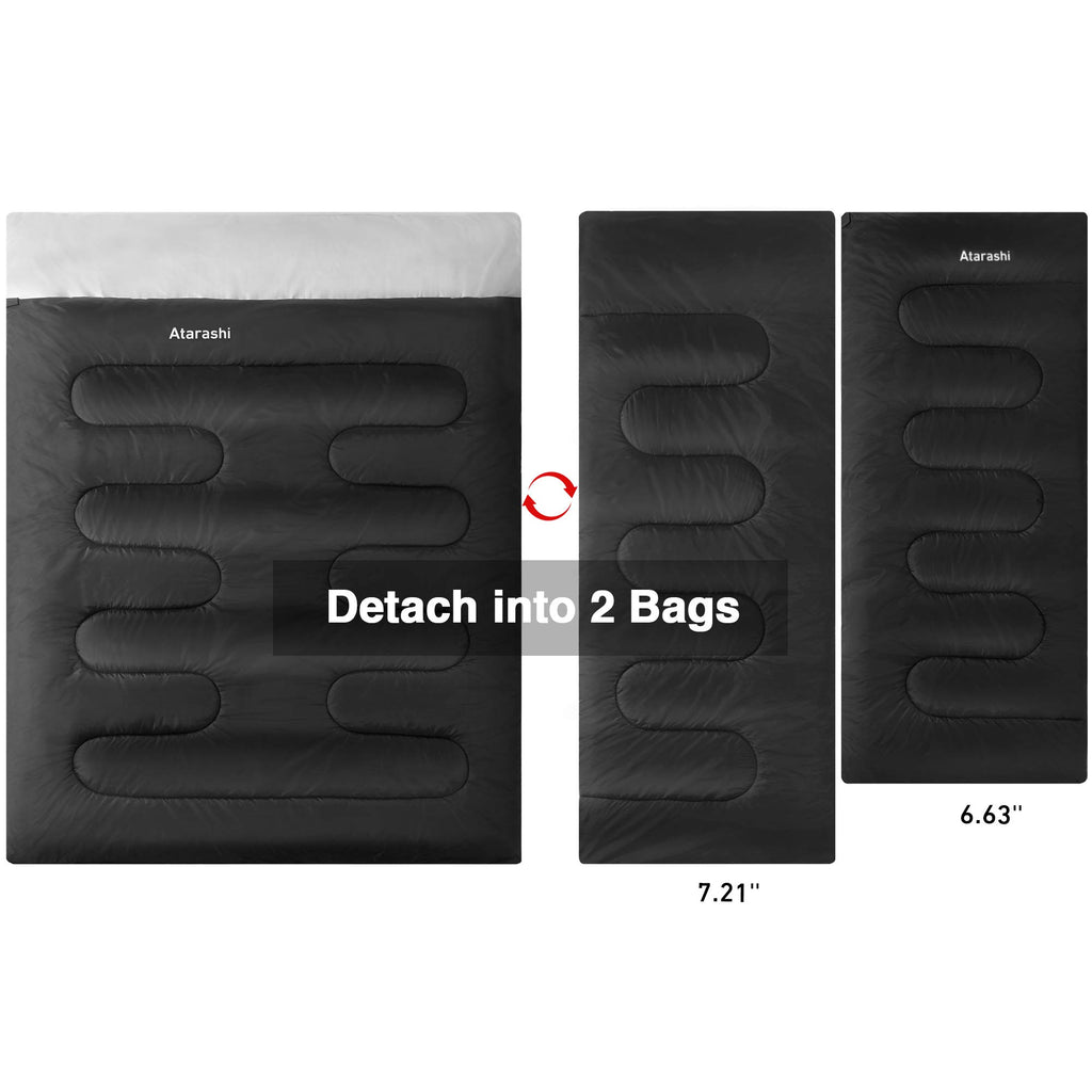 Atarashi Double Sleeping Bags For Adults, 3-4 Seasons Extra Wide Xl Queen Size Two Person Sleeping Bag, Couple Black Sleeping Ba