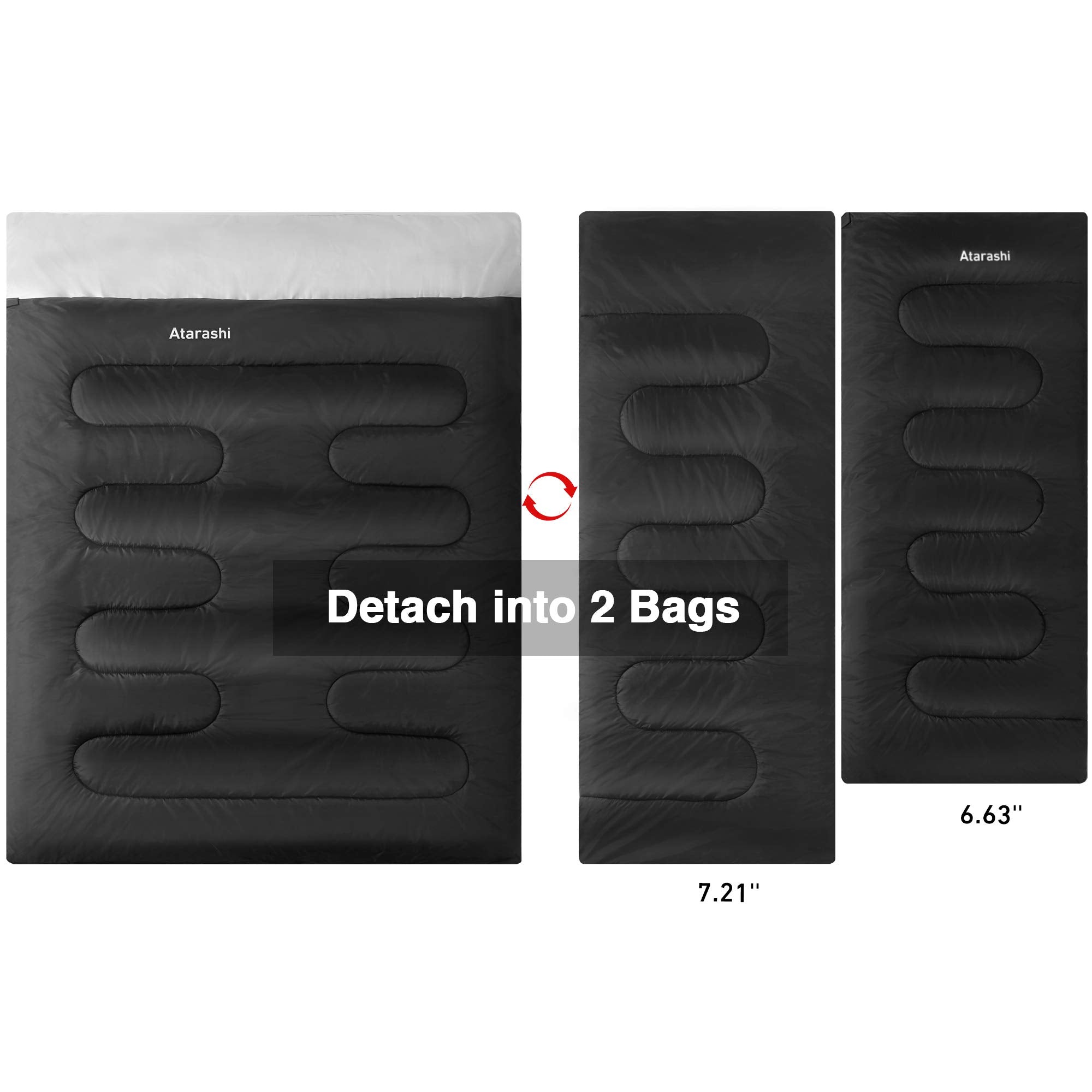 Atarashi Double Sleeping Bags For Adults, 3-4 Seasons Extra Wide Xl Queen Size Two Person Sleeping Bag, Couple Black Sleeping Ba