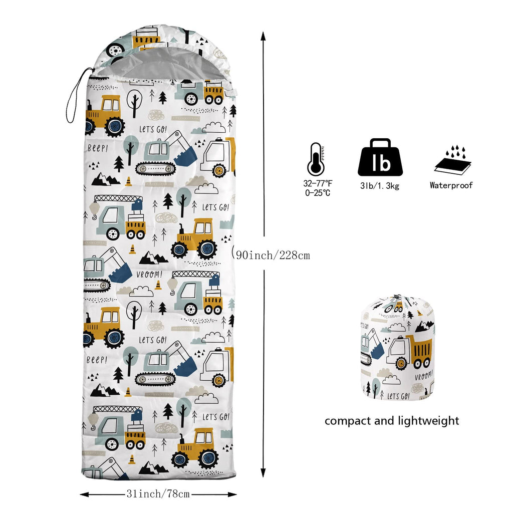 Datura Home Kids Sleeping Bag For Boys Girls,Construction Truck Print-Lightweight Warm Portable Outdoor Indoor-Waterproof Cold W