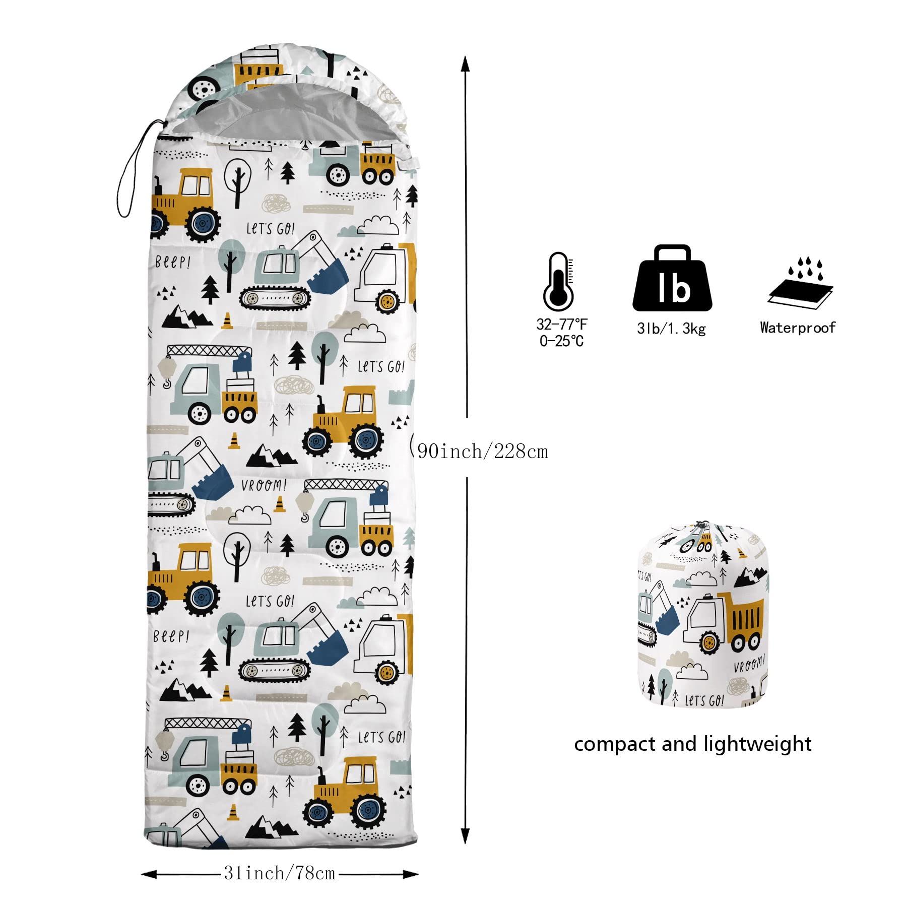 Datura Home Kids Sleeping Bag For Boys Girls,Construction Truck Print-Lightweight Warm Portable Outdoor Indoor-Waterproof Cold W