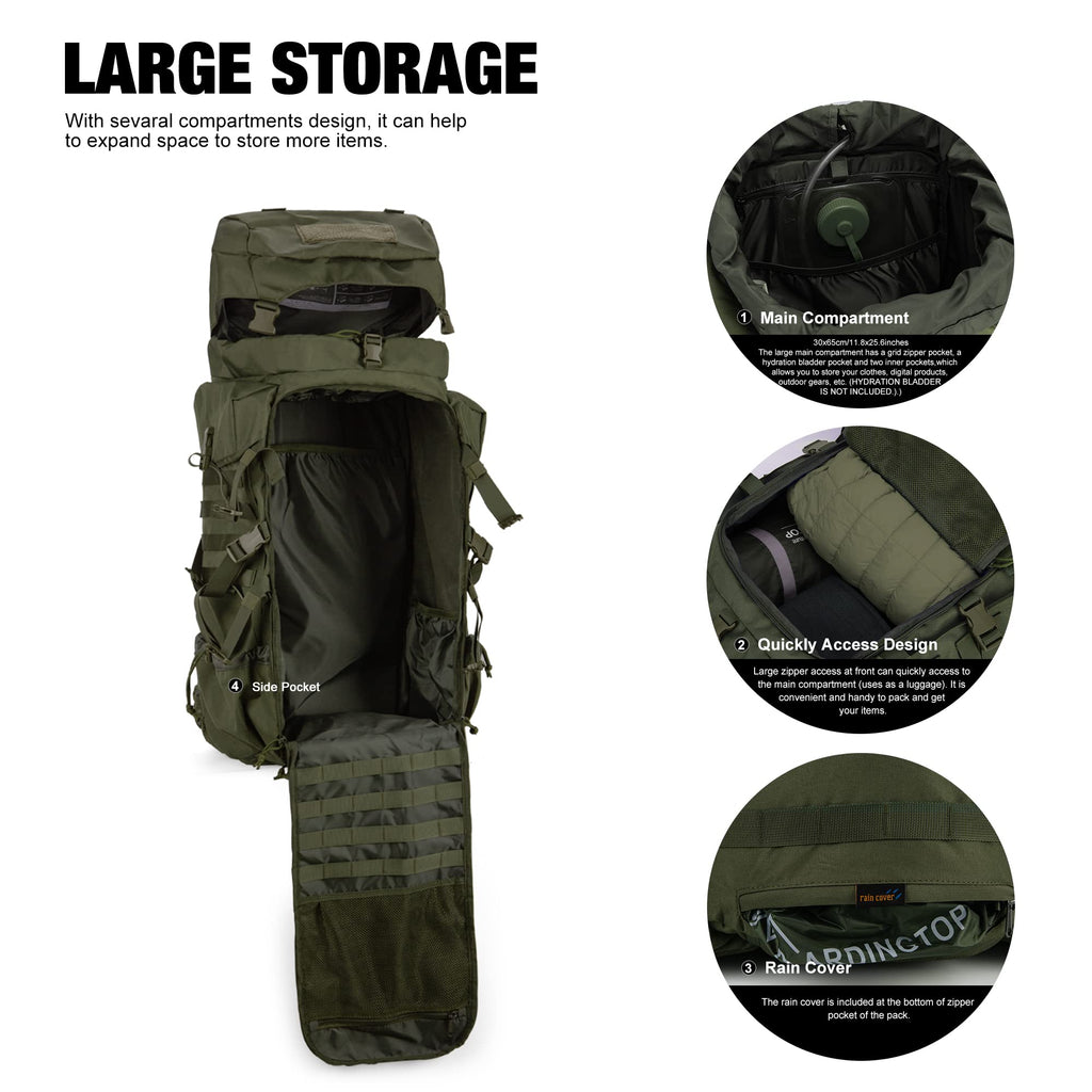 Mardingtop 70L Hiking Internal Frame Backpacks With Rain Cover Army Green
