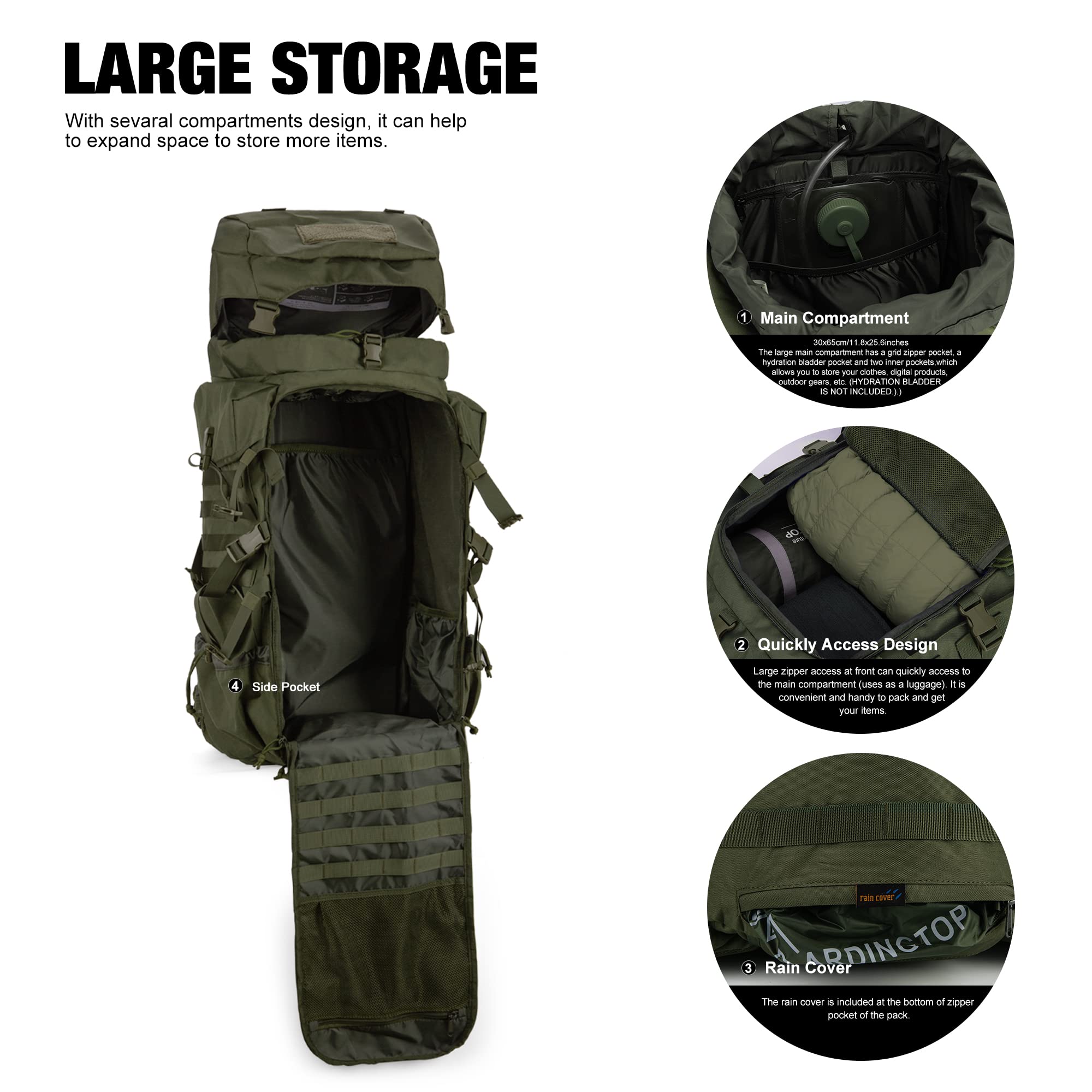 Mardingtop 70L Hiking Internal Frame Backpacks With Rain Cover Army Green