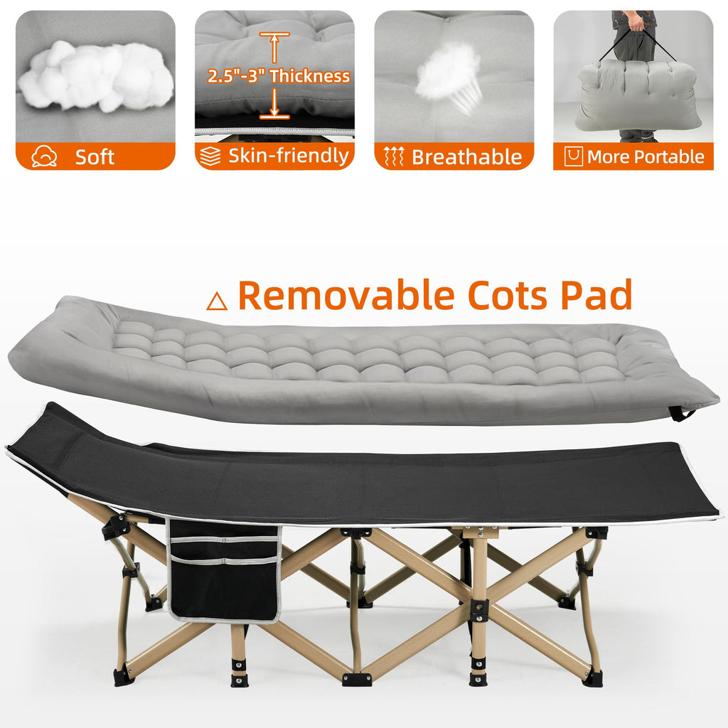 Fragess Portable Camping Cot, 600Lbs Max Load, Extra Wide With Thick Mattress, Folding Cot For Outdoor Camping/Office, Home Nap