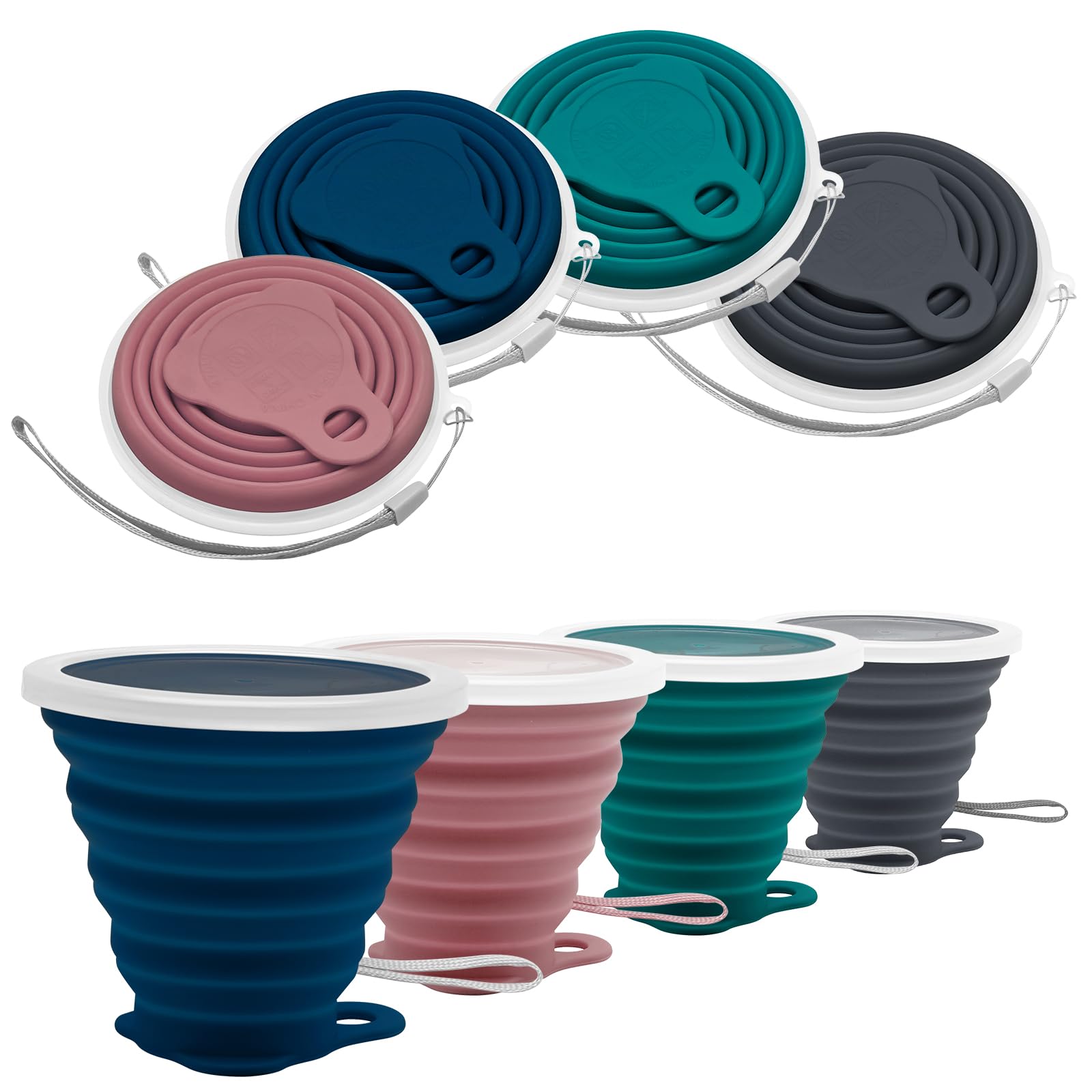 Litoexpe 4 Pack Silicone Collapsible Travel Cup Portable Folding Camping Cup Sets With Lids, Dark Gray & Pink & Navy Blue &Teal,