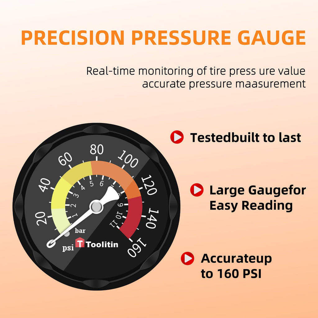 Toolitin Floor Bicycle Pump With Gauge,160 Psi High Pressure,Bike Pump Compatible With Presta And Schrader Valve,Bike Tire Pump