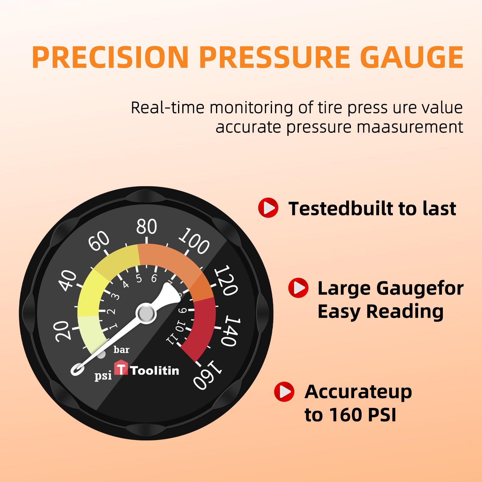 Toolitin Floor Bicycle Pump With Gauge,160 Psi High Pressure,Bike Pump Compatible With Presta And Schrader Valve,Bike Tire Pump