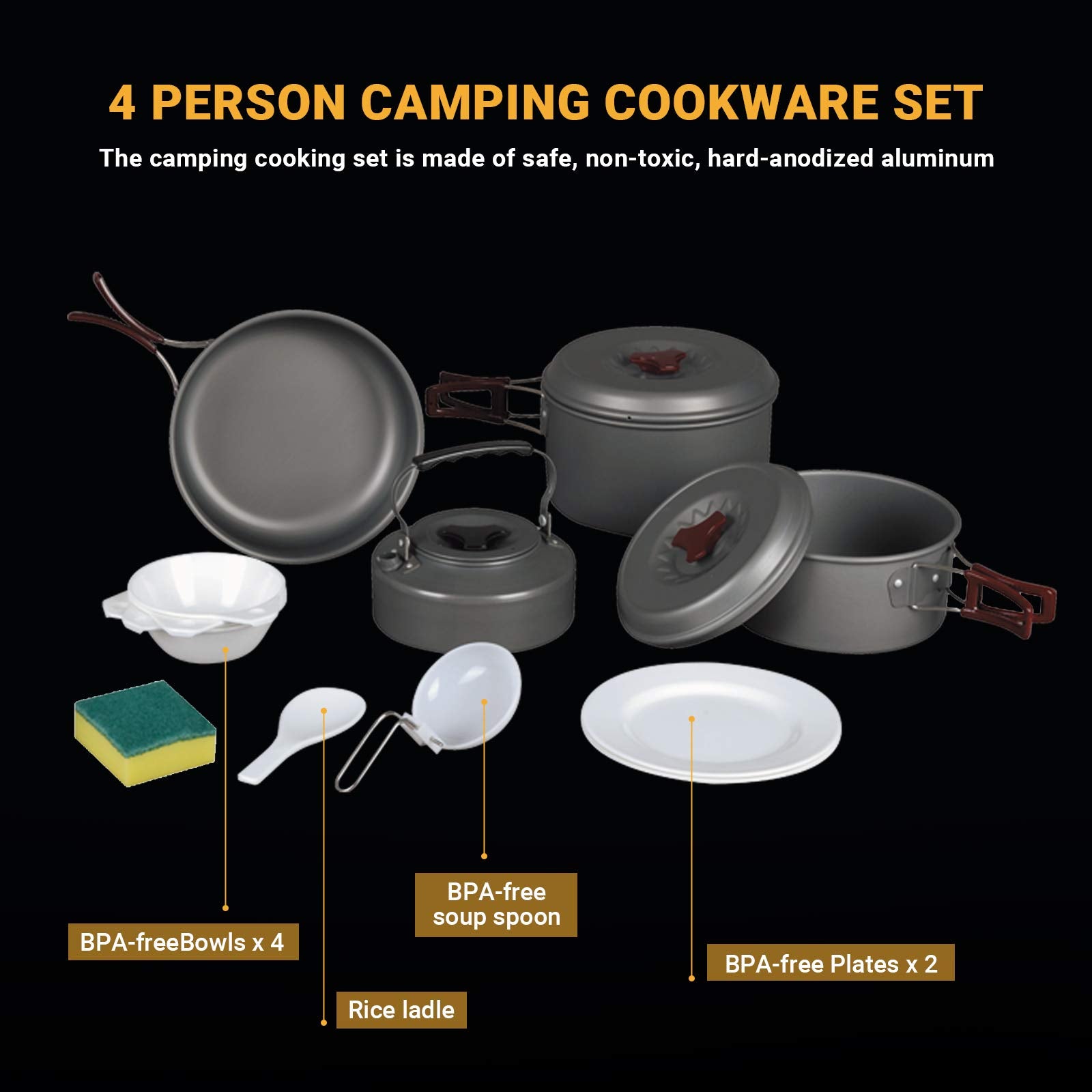 Bulin Camping Cookware Mess Kit, Backpack Portable Campfire Cooking Pots Pans Kettle Set, Durable Lightweight Aluminum Cook Gear
