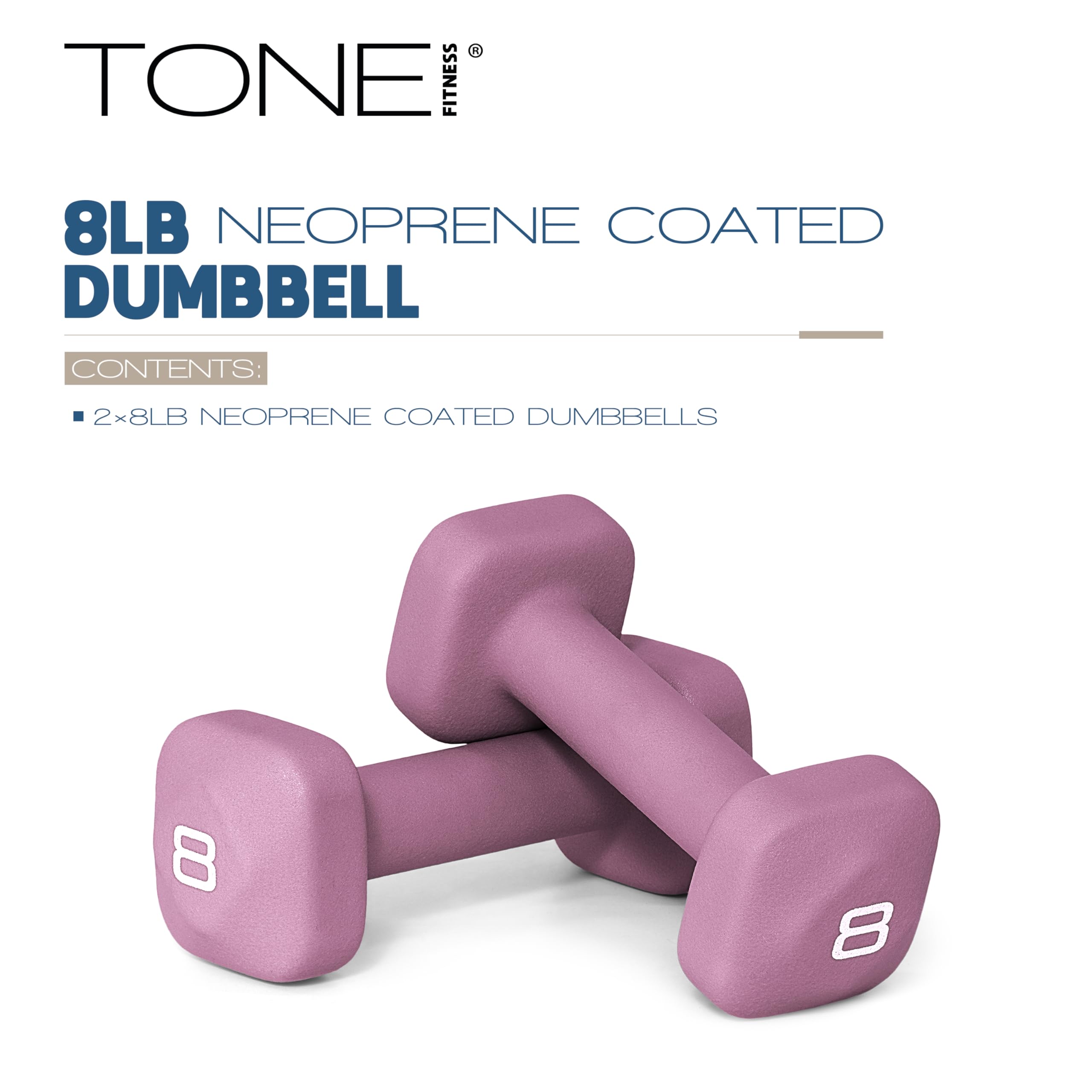 Tone Fitness 8 lb Neoprene Dumbbell Pair for Home Workouts - Non-Slip Design - Purple