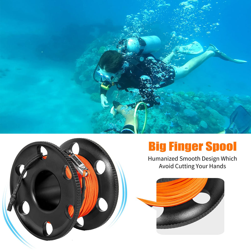 100Ft Scuba Diving Reel, Aluminum Alloy Large Scuba Spool Finger Reel With Double-Ended Bolt Snap Clip For Underwater Scuba Divi