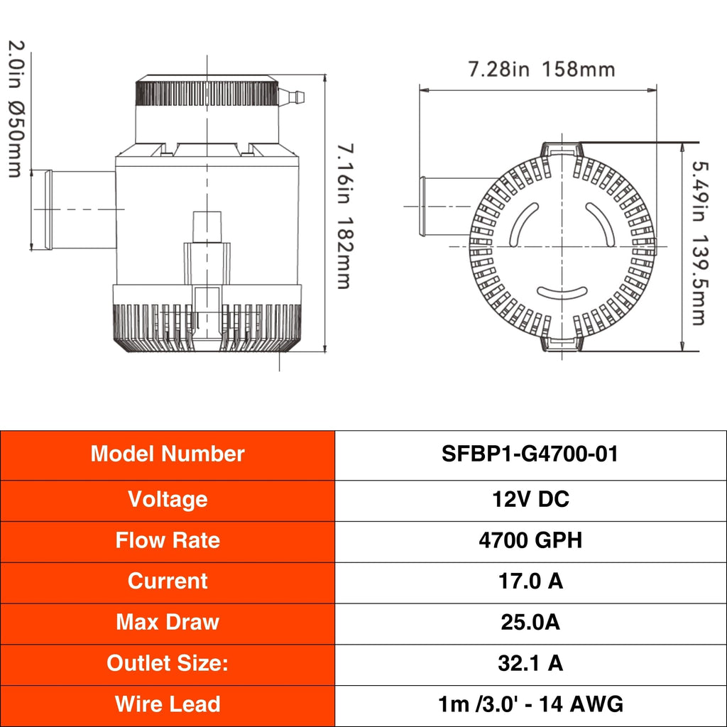 Seaflo 4700 Gph 12V Heavy Duty Electric Bilge Pump (4700Gph 12V)
