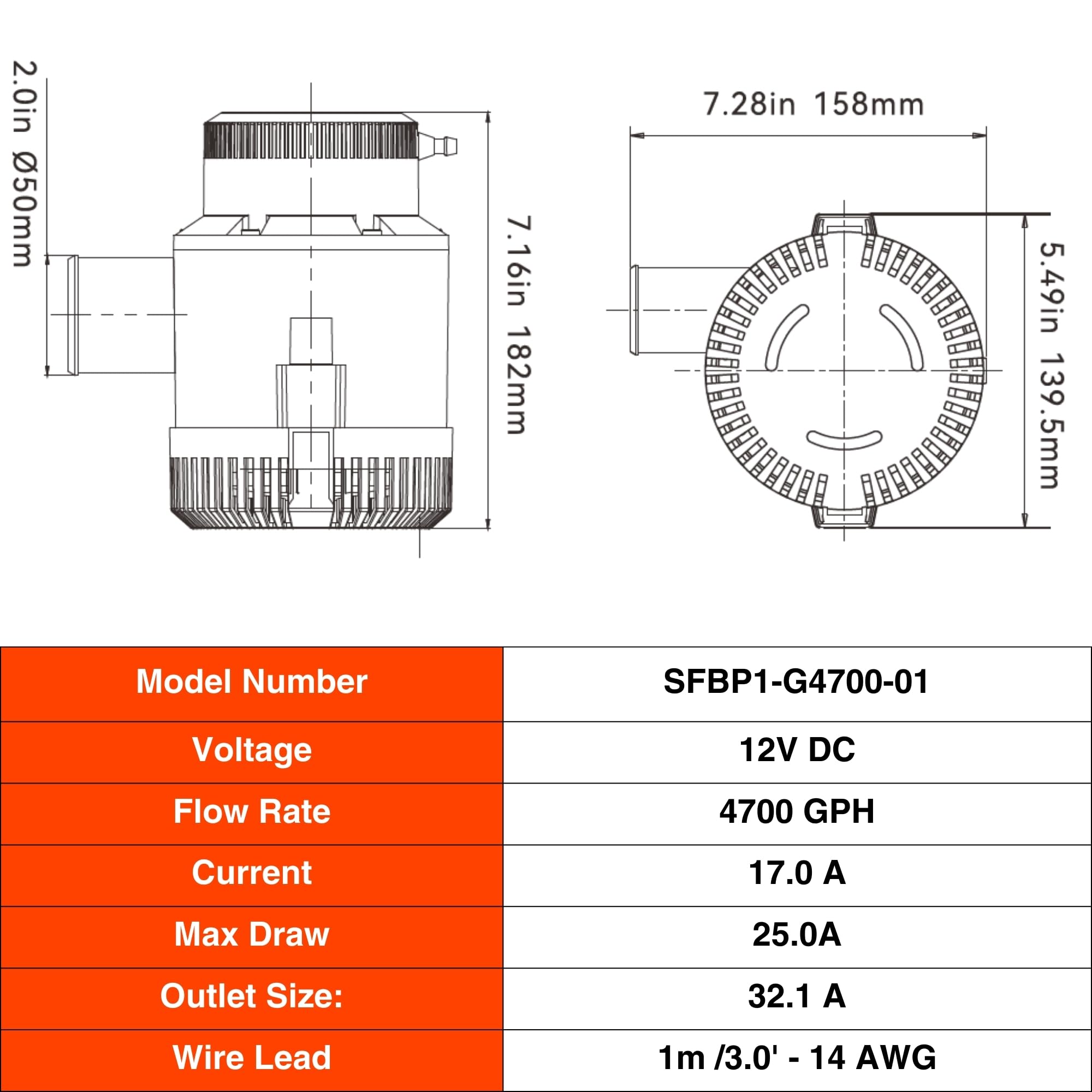 Seaflo 4700 Gph 12V Heavy Duty Electric Bilge Pump (4700Gph 12V)