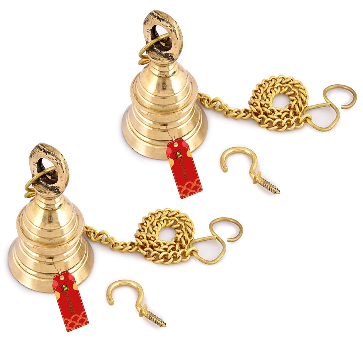 Uapan Brass Gold Wall Hanging Bell With Chain And Hanging Hook For Home Mandir Temple Decorative I Puja Room (Pack Of 2 Nos) (3