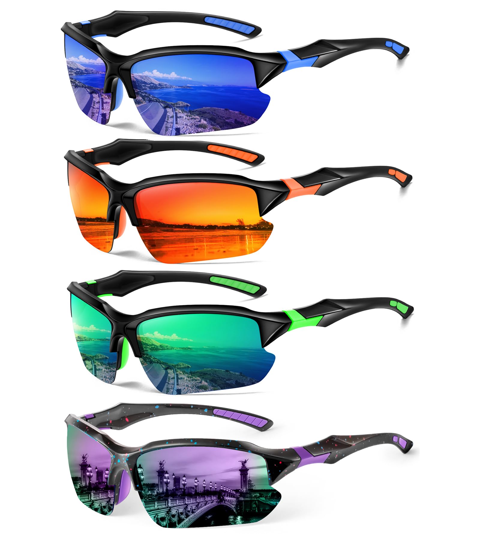 DioKiw 4PACK Sports Polarized Sunglasses for Men Cycling Running Fishing UV400 Protection Sun Glasses Lightweight Half Frame Gog