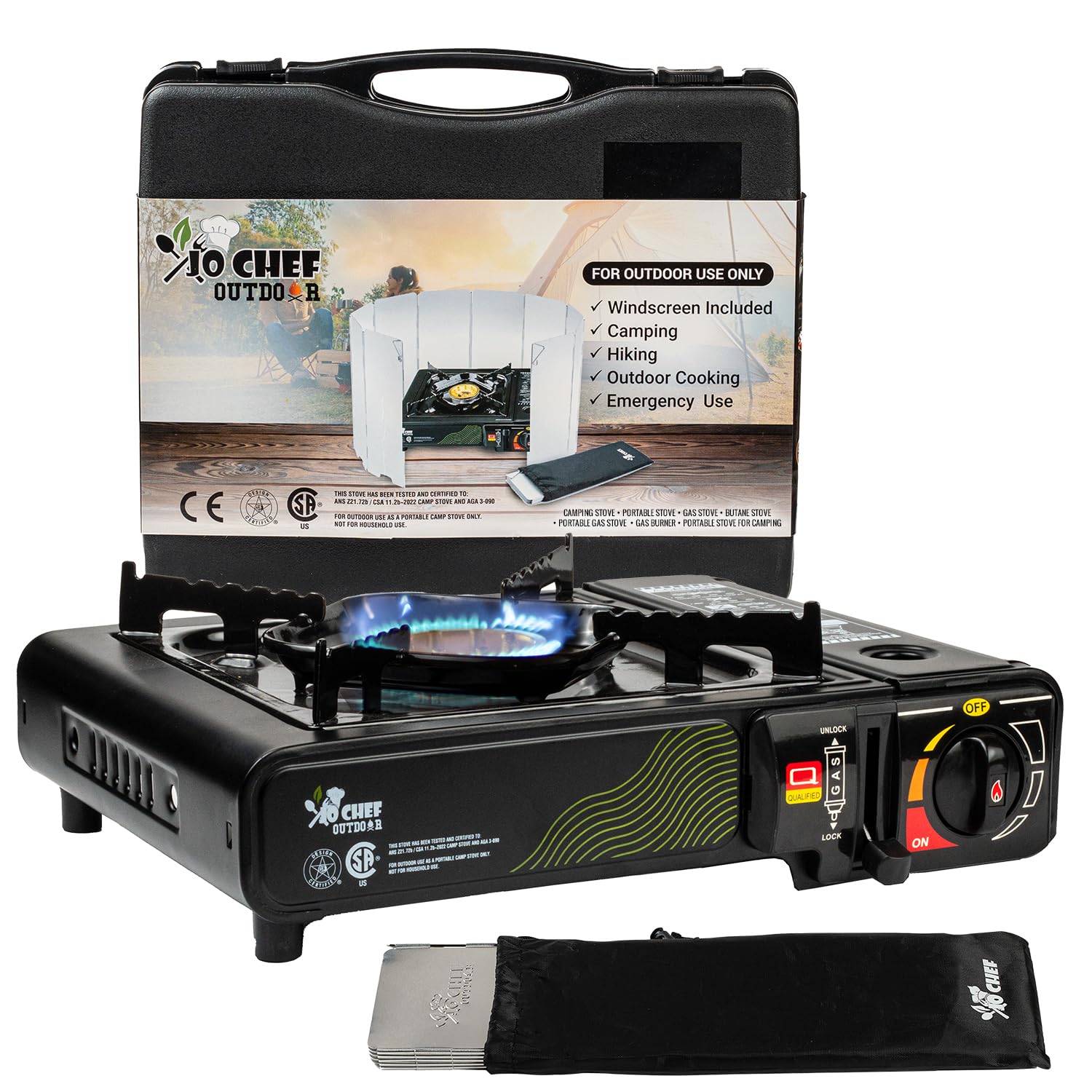 Jo Chef Butane Camping Stove - 9,500 Btu Portable Gas Stove For Camping/Road Trips With Windshield, Csa Certified, Brass Burner,