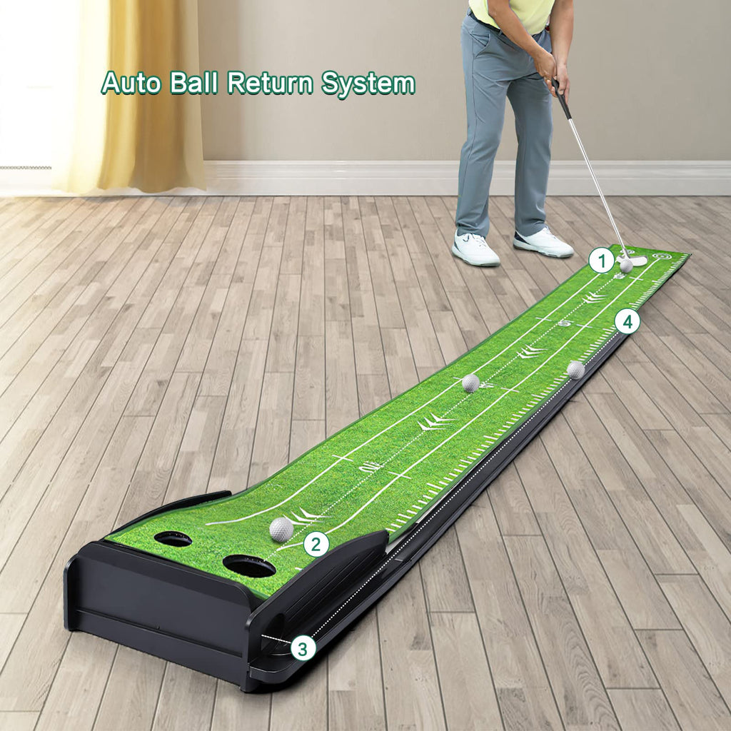 Losbenco Golf Putting Green Mat With Putter And 6 Golf Balls, Golf Putting Practice Mat Equipment With Auto Ball Return System F