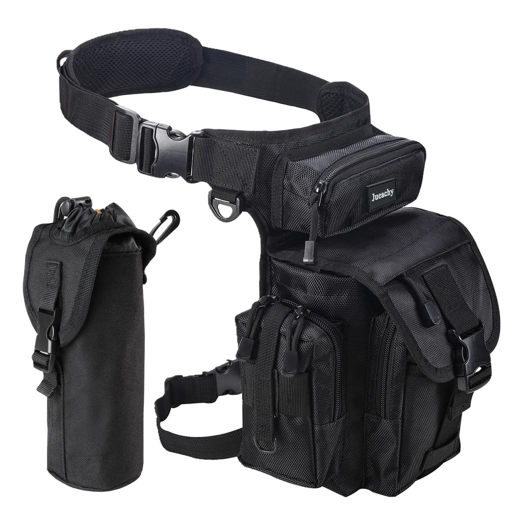 Jueachy Drop Leg Bag For Men Tactical Metal Detecting Thigh Pack With Water Bottle Pouch Black