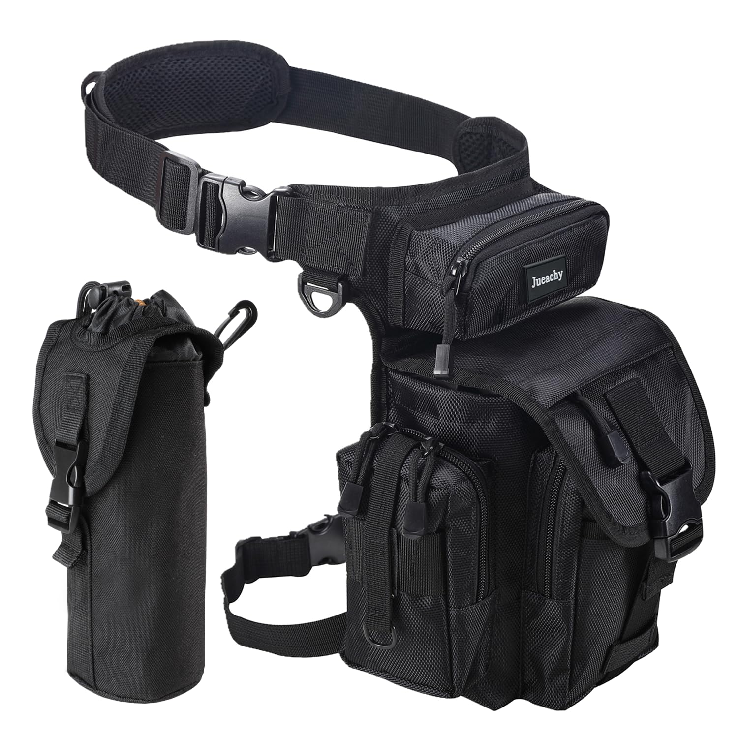 Jueachy Drop Leg Bag For Men Tactical Metal Detecting Thigh Pack With Water Bottle Pouch Black