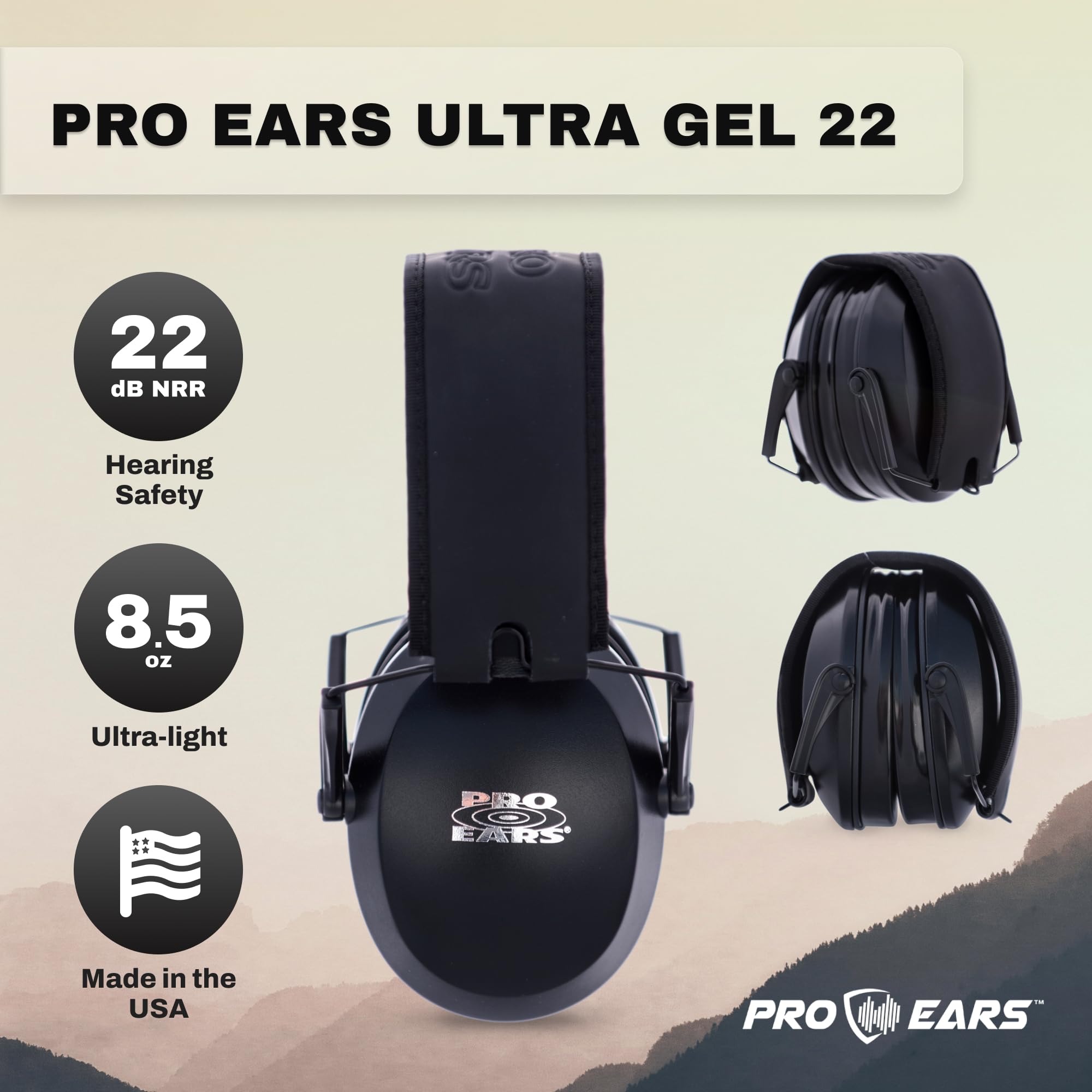 Pro Ears Ultra Gel 22 Noise Reduction Ear Muffs, Lightweight & Slim W/Aviator Gel Ear Seals, Shooting Ranges, Construction, And