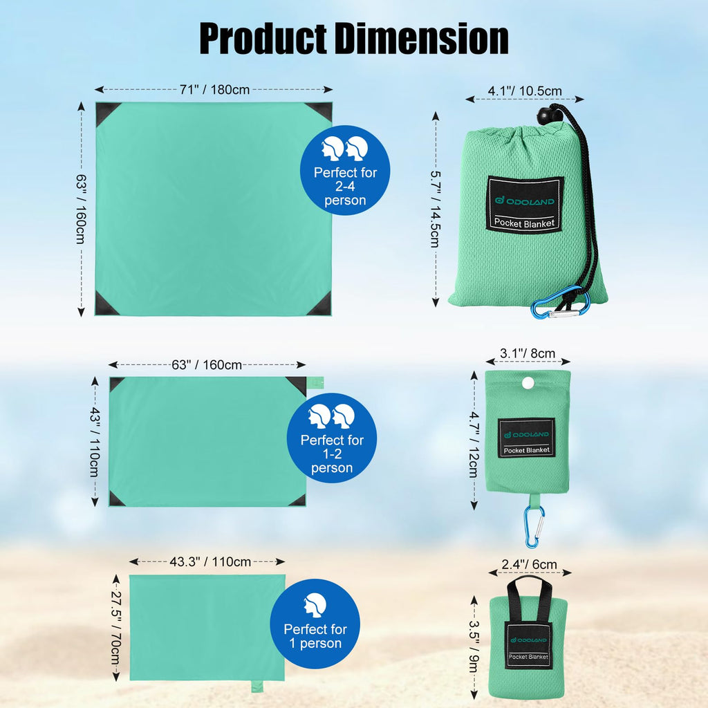 Odoland Pocket Blanket Picnic Blanket, 71 X 63 Sandproof Waterproof Outdoor Beach Blanket With Portable Bag, Foldable Lightweigh