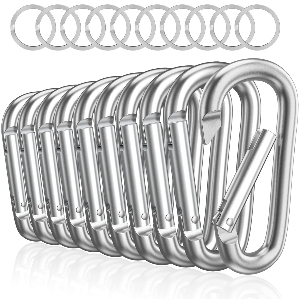 Sprookber 3'' Aluminum Carabiner D Ring, Caribeenerclips, Spring Snap Hookfor Keychain Clip,Set Of 10 (Silver)