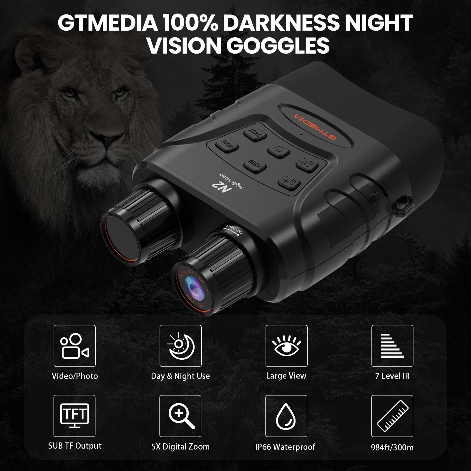 Night Vision Goggles,4K Infrared Night Vision Binoculars For Viewing In 100% Darkness With Hd Large Screen, 5X Digital Zoom & 7