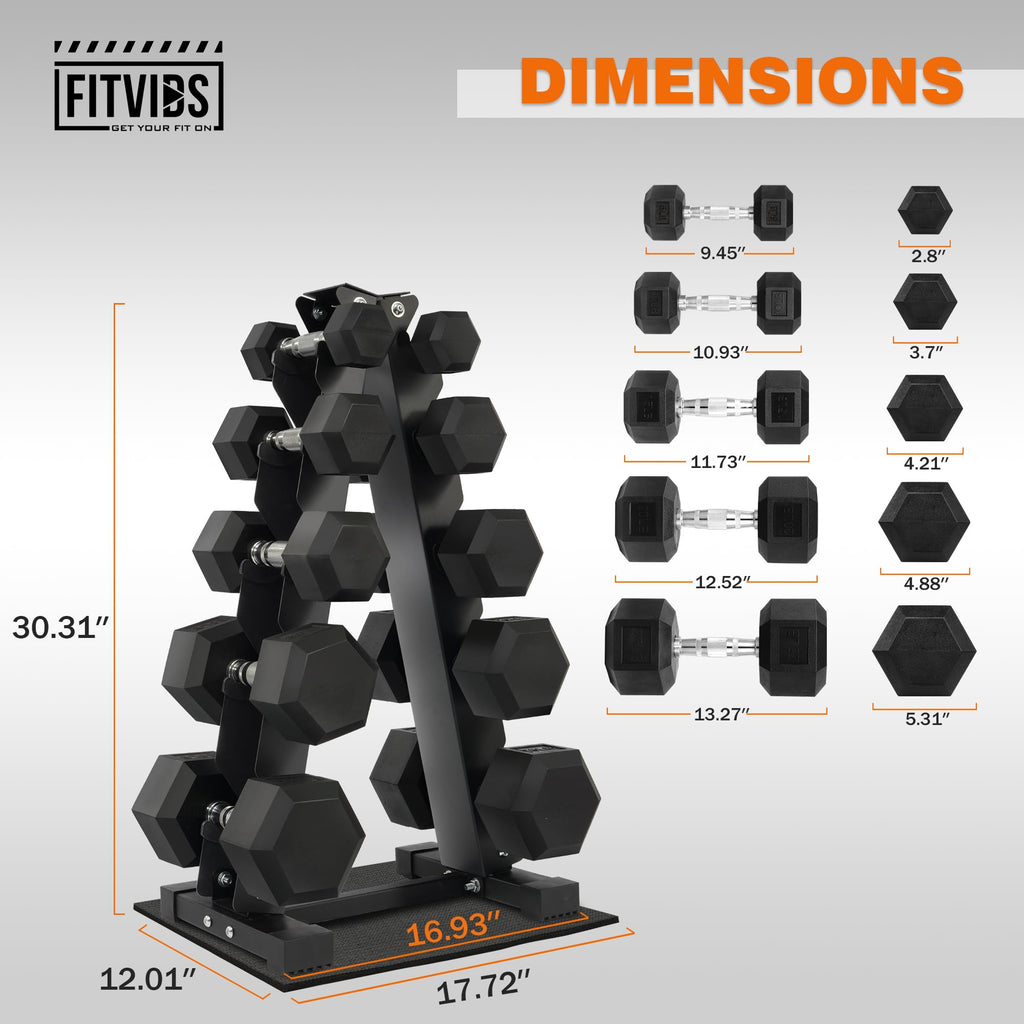 Fitvids Dumbbell Set with Rack  Dumbbell + A-Rack: 150LBS Set  Black