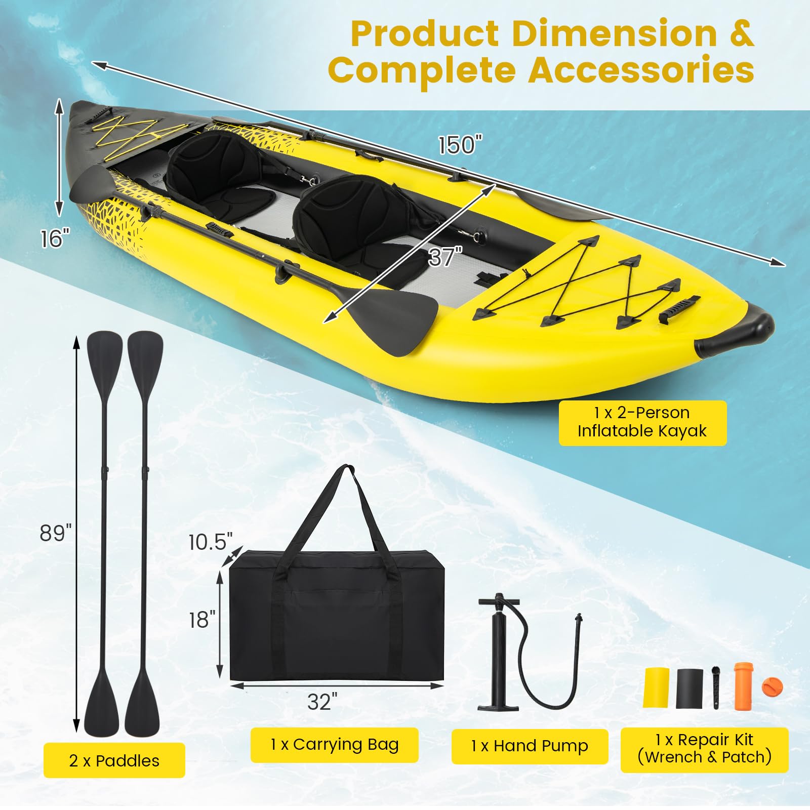 Gymax Inflatable Kayak, 12.5Ft 507Lbs Tandem Kayak With 2 Aluminum Paddles, 2 Padded Seats, 2 Fins, Hand Pump, Carry Bag & Repai