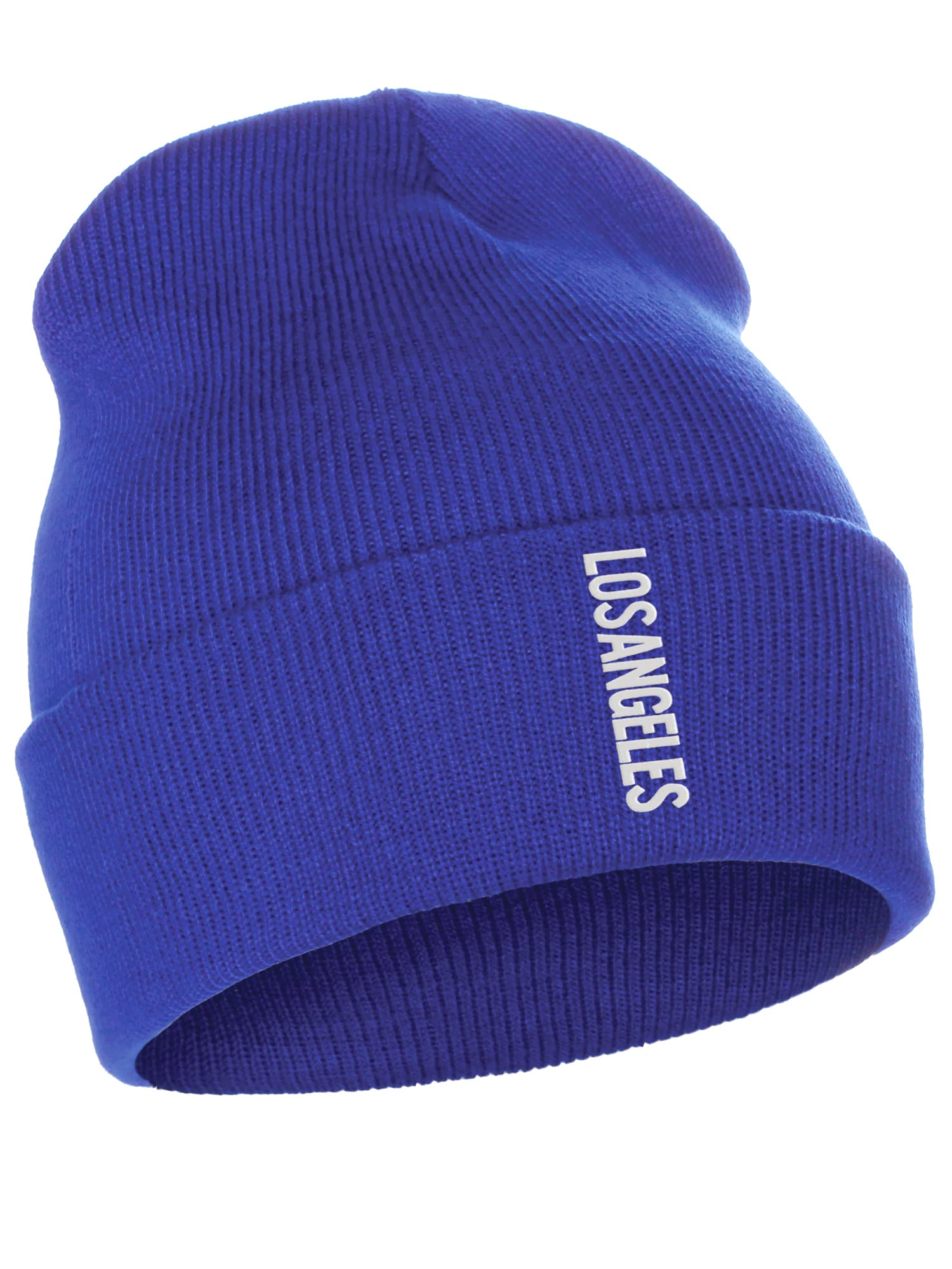 Daxton Vertical Usa Cities Cuffed Beanie Winter Knit Hat Skully Cap, Los Angeles Royal White