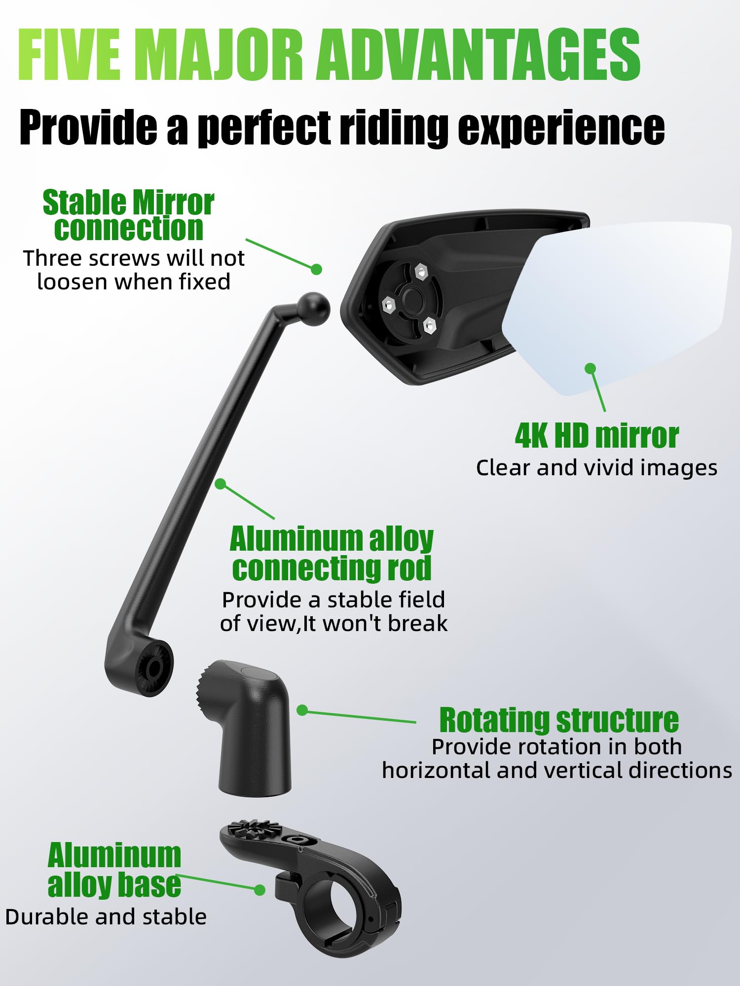RBRL Bike Mirror, 3D Adjustable Arm for Extended Reach, Aluminum Alloy Anti-shake Bicycle Rearview Mirrors, 360 Panoramic Rearvi